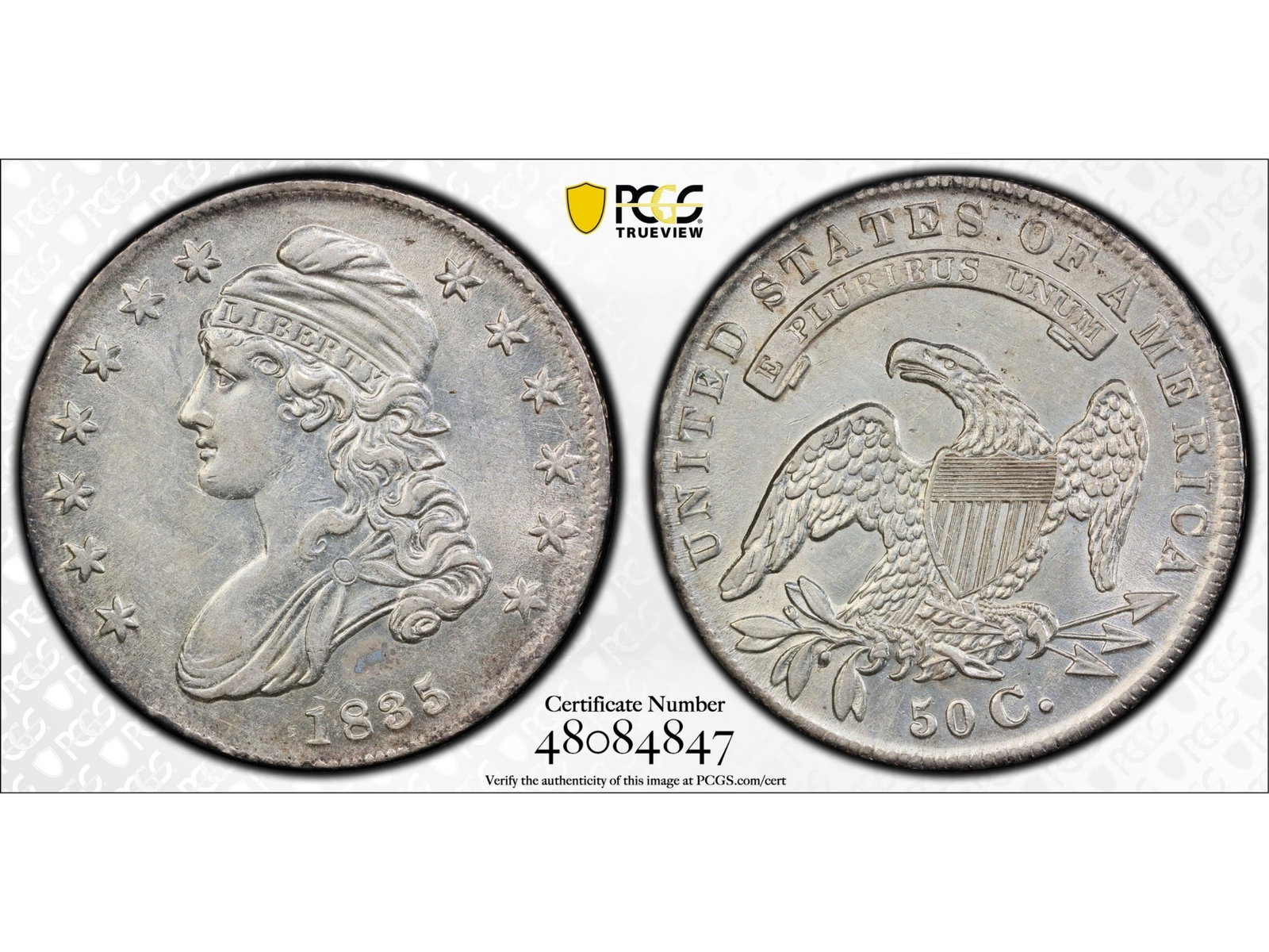 1835 50C Graded PCGS AU50: 1835 Capped Bust half dollar graded PCGS AU50. PCGS #48084847. Shipping: Weiss Auctions offers full-service, in-house shipping for nearly all items in this auction. For a shipping quote, please contac