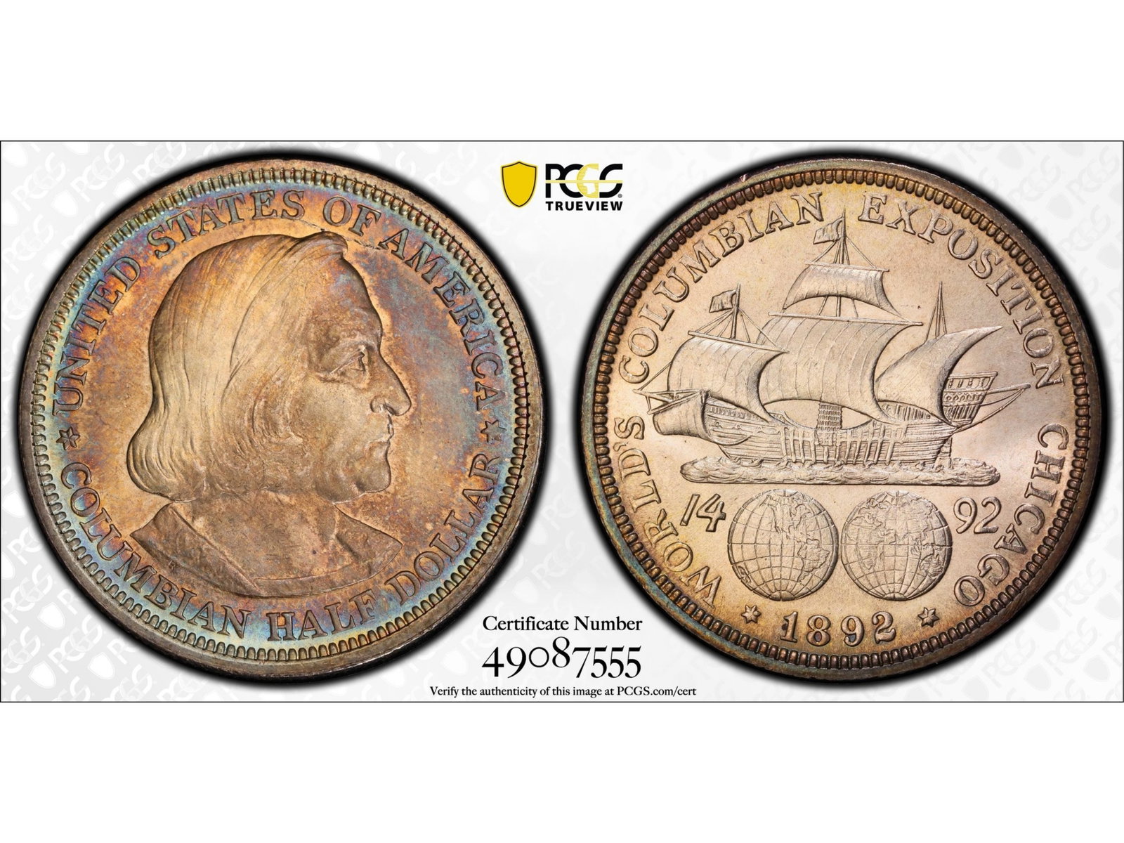 1892 Columbian Commemorative 50C PCGS MS66: 1892 Columbian Commemorative Half Dollar graded PCGS MS66. PCGS #49087555. Nicely toned. Shipping: Weiss Auctions offers full-service, in-house shipping for nearly all items in this auction. For a shi