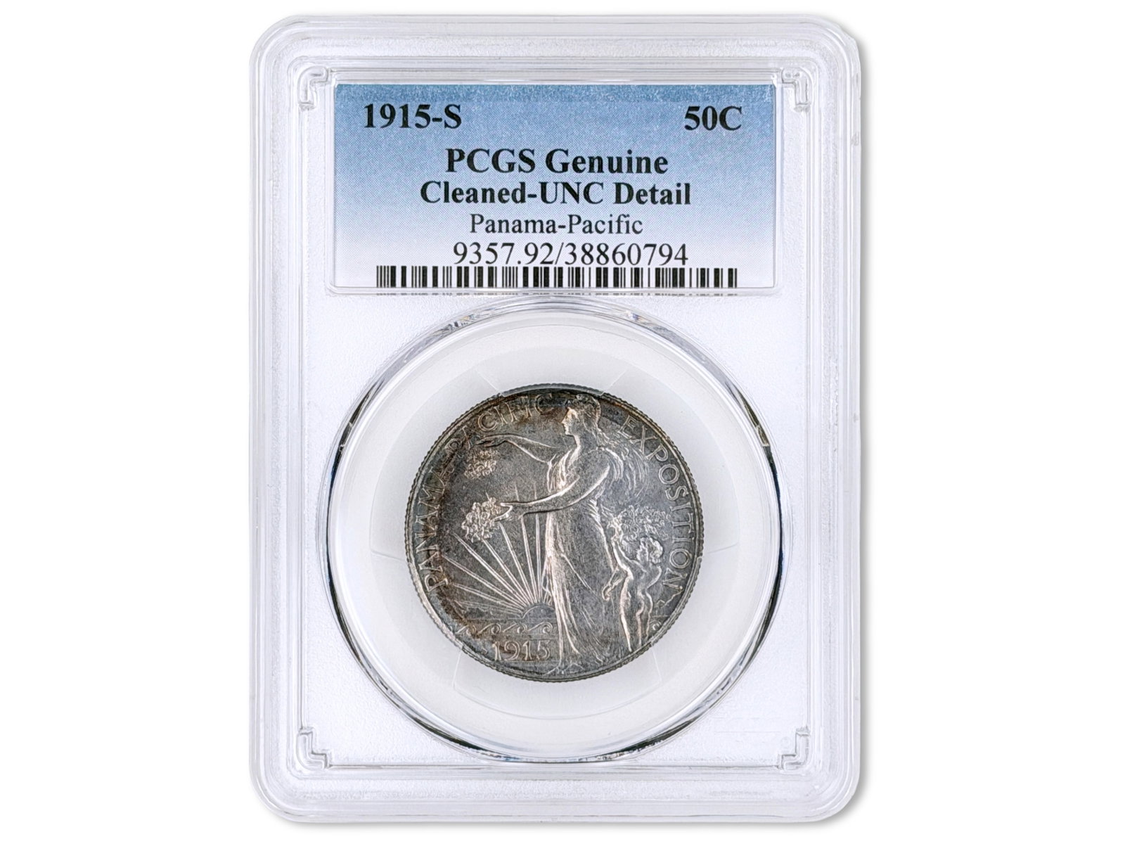 1915-S Panama-Pacific Commem 50C PCGS Slabbed UNC: 1915-S Panama-Pacific Commemorative Half Dollar, slabbed details PCGS Genuine - Cleaned, UNC Detail. PCGS #38860794. Shipping: Weiss Auctions offers full-service, in-house shipping for nearly all item