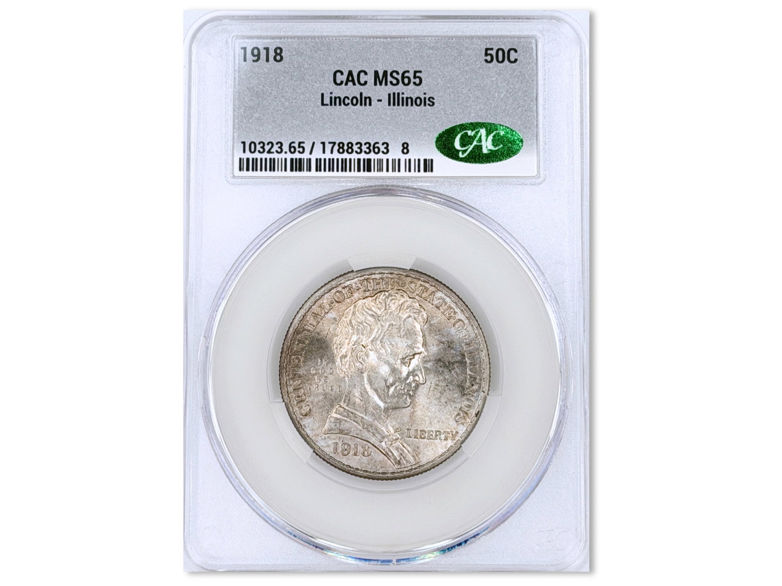 1918 Lincoln-Illinois Commemorative 50C CAC MS65: 1918 Lincoln-Illinois Commemorative Half Dollar graded CAC MS65. CAC #17883363. Shipping: Weiss Auctions offers full-service, in-house shipping for nearly all items in this auction. For a shipping quo