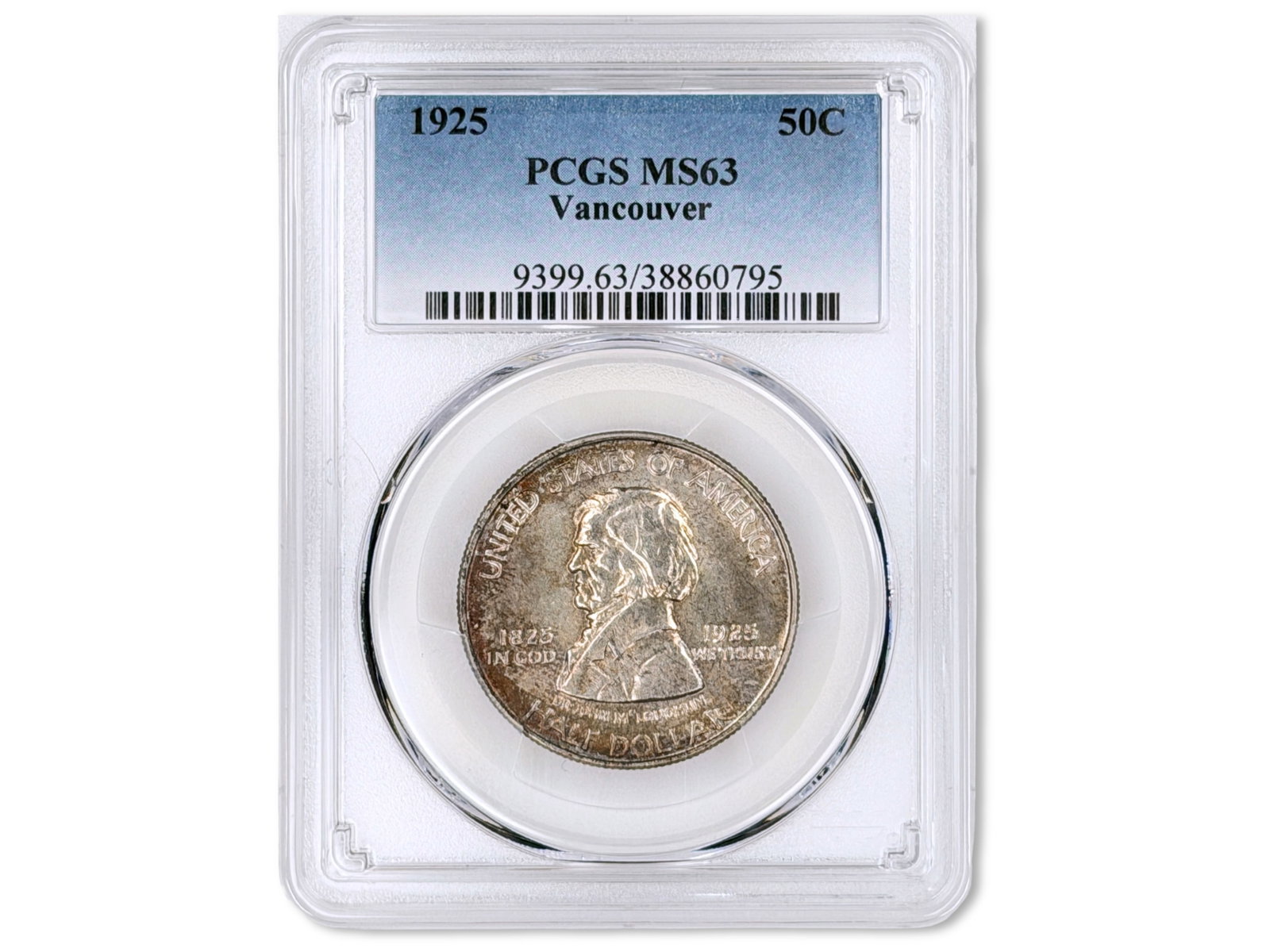1925 Vancouver Commemorative 50C PCGS MS63: 1925 Vancouver Commemorative Half Dollar graded PCGS MS63. PCGS #38860795. Shipping: Weiss Auctions offers full-service, in-house shipping for nearly all items in this auction. For a shipping quote, p