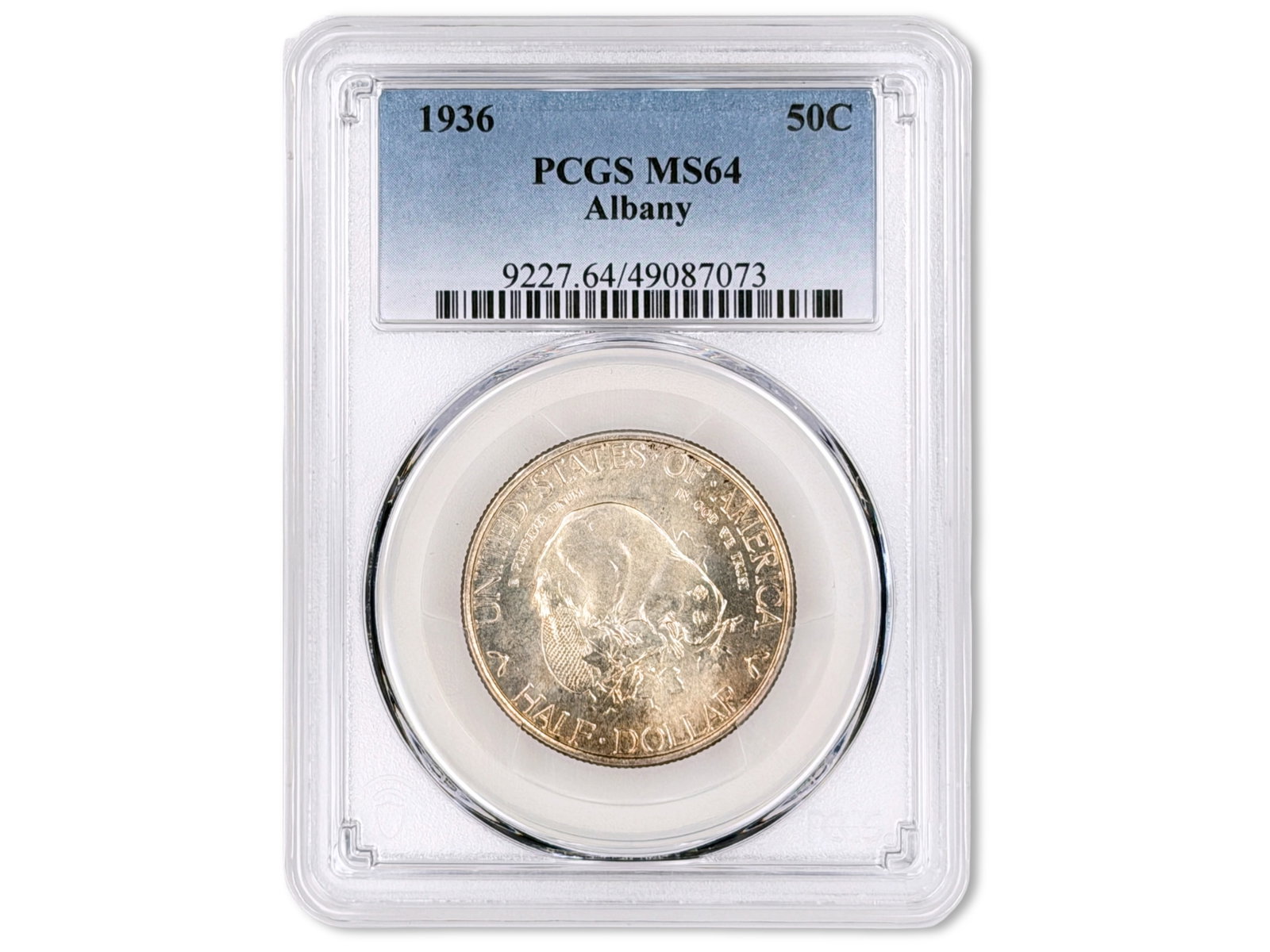 1936 Albany Commemorative 50C PCGS MS64: 1936 Albany Commemorative Half Dollar graded PCGS MS64. PCGS #49087073. Shipping: Weiss Auctions offers full-service, in-house shipping for nearly all items in this auction. For a shipping quote, plea