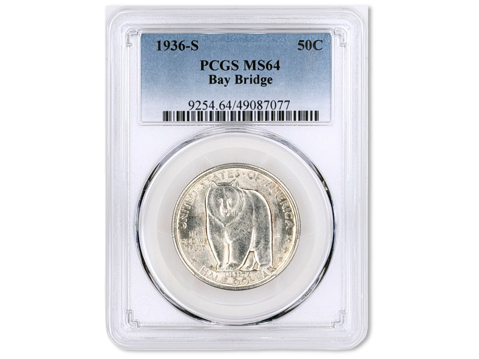1936-S Bay Bridge Commemorative 50C PCGS MS64: 1936-S Bay Bridge Commemorative Half Dollar graded PCGS MS64. PCGS #49087077. Shipping: Weiss Auctions offers full-service, in-house shipping for nearly all items in this auction. For a shipping quote