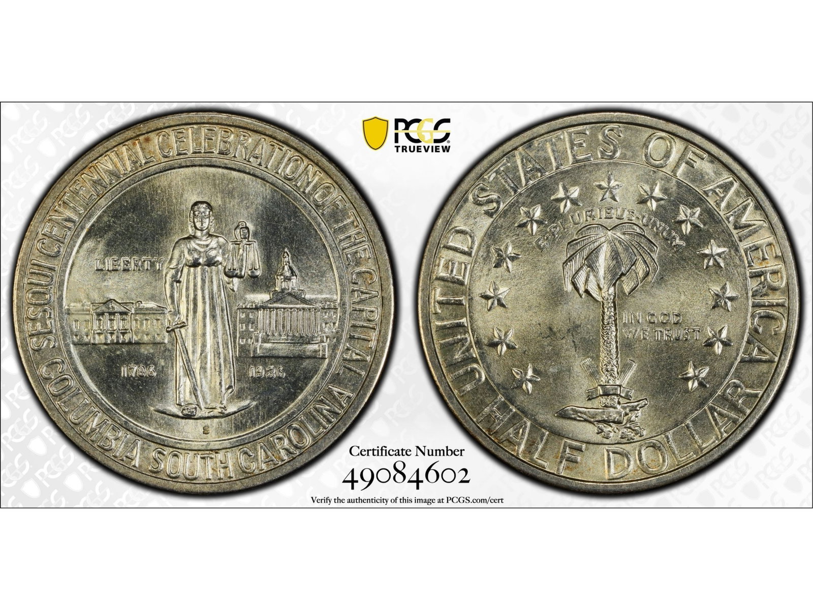 1936-S Columbia Commemorative 50C PCGS MS65: 1936-S Columbia Commemorative Half Dollar graded PCGS MS65. PCGS #49084602. Shipping: Weiss Auctions offers full-service, in-house shipping for nearly all items in this auction. For a shipping quote, 