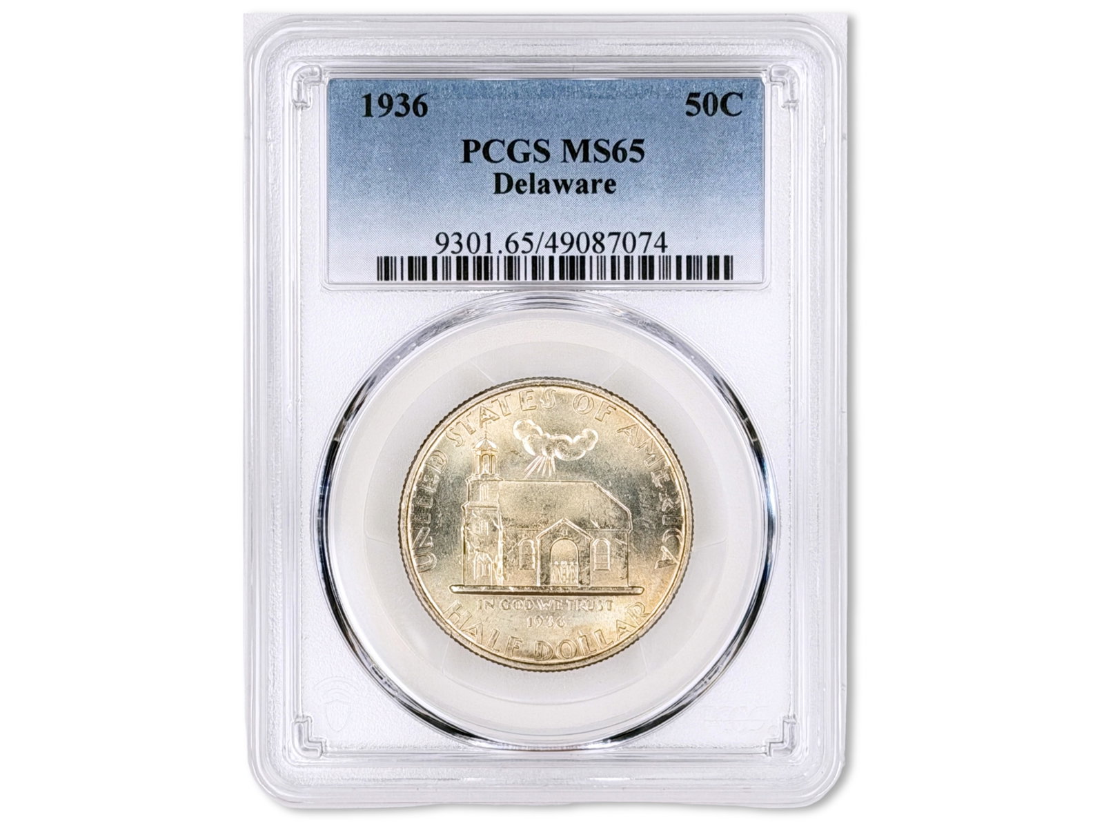 1936 Delaware Commemorative 50C PCGS MS65: 1936 Delaware Commemorative Half Dollar graded PCGS MS65. PCGS #49087074. Shipping: Weiss Auctions offers full-service, in-house shipping for nearly all items in this auction. For a shipping quote, pl