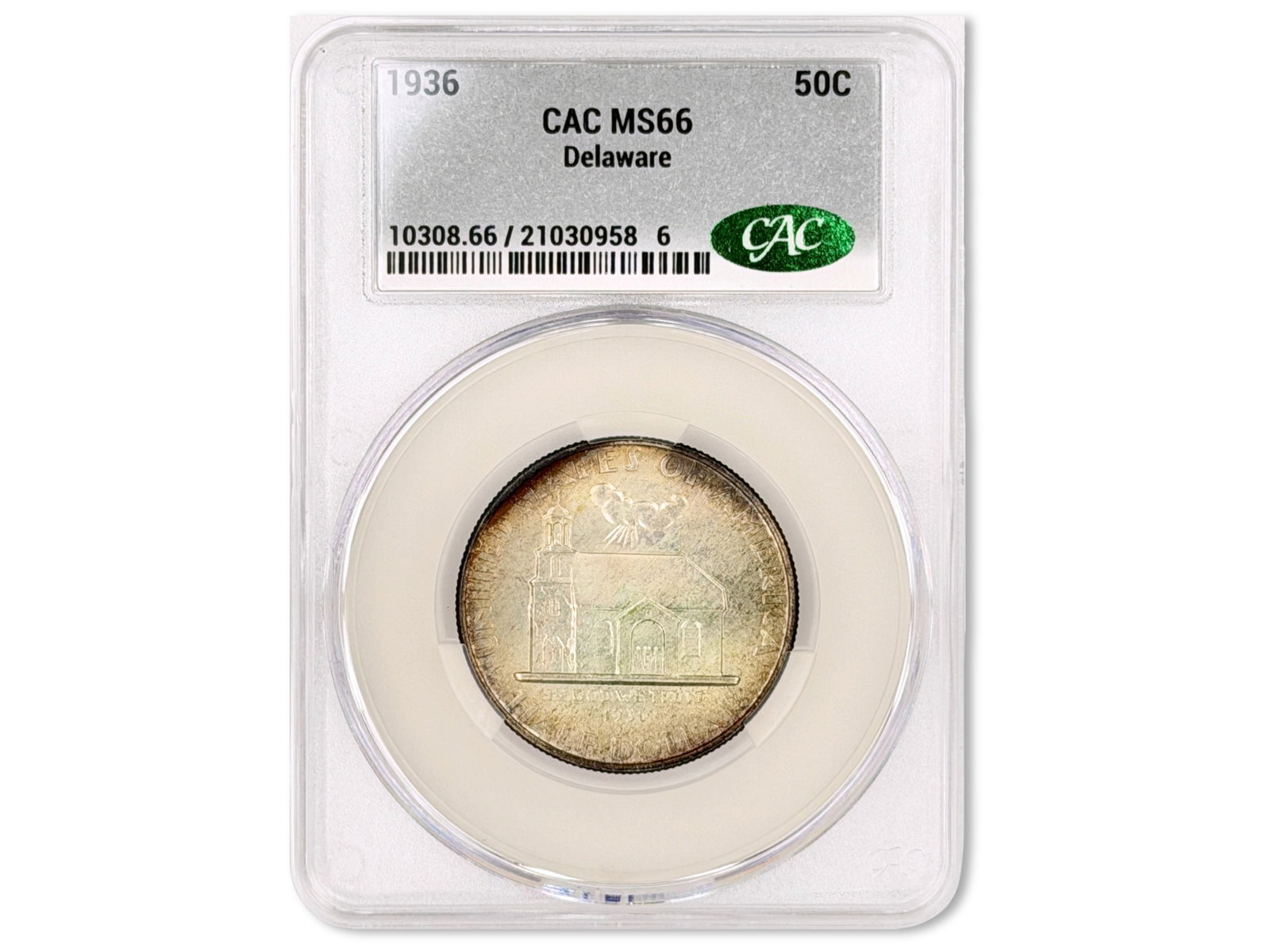 1936 Delaware Commemorative 50C CAC MS66: 1936 Delaware Commemorative Half Dollar graded CAC MS66. CAC #21030958. Shipping: Weiss Auctions offers full-service, in-house shipping for nearly all items in this auction. For a shipping quote, plea