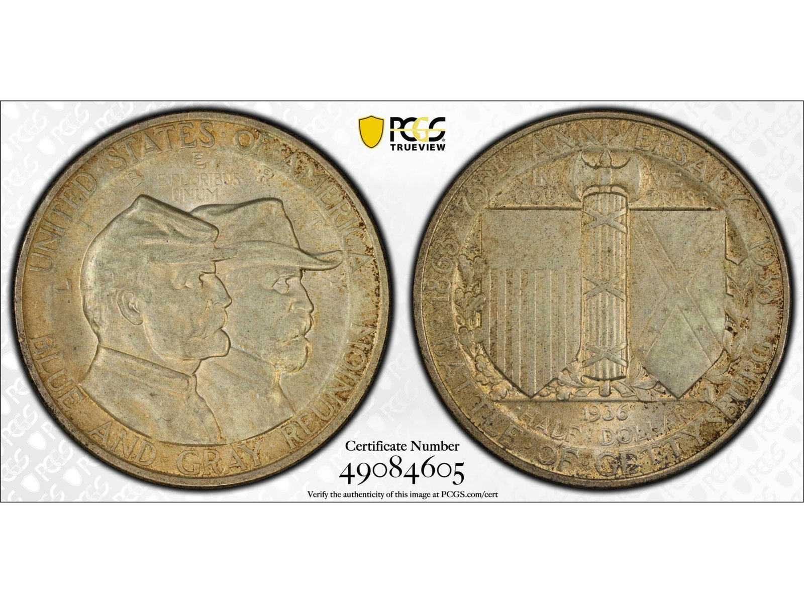 1936 Gettysburg Commemorative 50C PCGS MS64: 1936 Gettysburg Commemorative Half Dollar graded PCGS MS64. PCGS #49084605. Shipping: Weiss Auctions offers full-service, in-house shipping for nearly all items in this auction. For a shipping quote, 