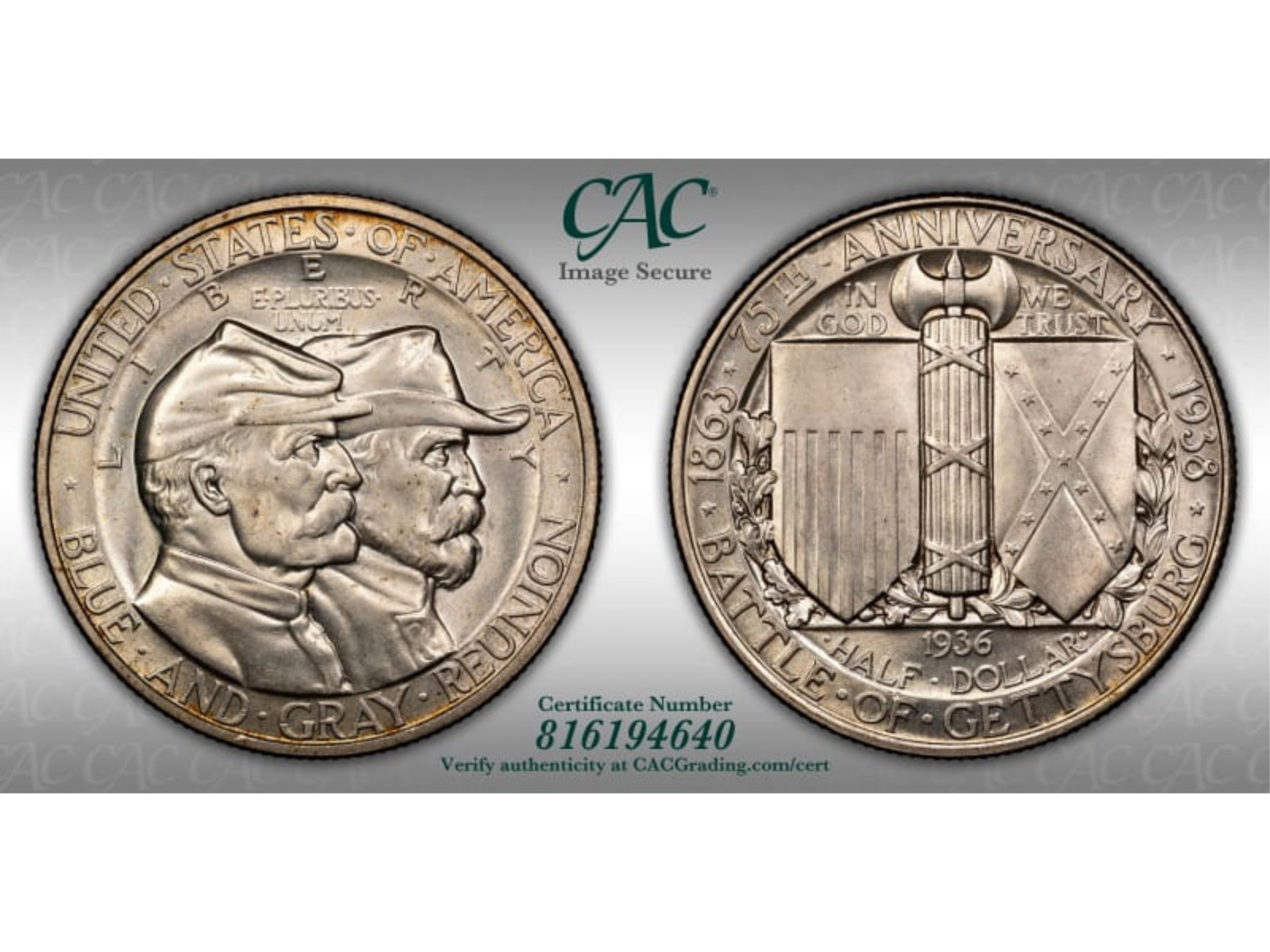 1936 Gettysburg Commemorative 50C CAC MS65: 1936 Gettysburg Commemorative Half Dollar graded CAC MS65. CAC #816194640. Shipping: Weiss Auctions offers full-service, in-house shipping for nearly all items in this auction. For a shipping quote, p