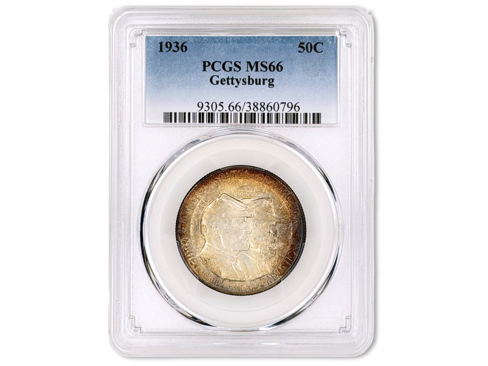 1936 Gettysburg Commemorative 50C PCGS MS66: 1936 Gettysburg Commemorative Half Dollar graded PCGS MS66. PCGS #38860796. Shipping: Weiss Auctions offers full-service, in-house shipping for nearly all items in this auction. For a shipping quote, 