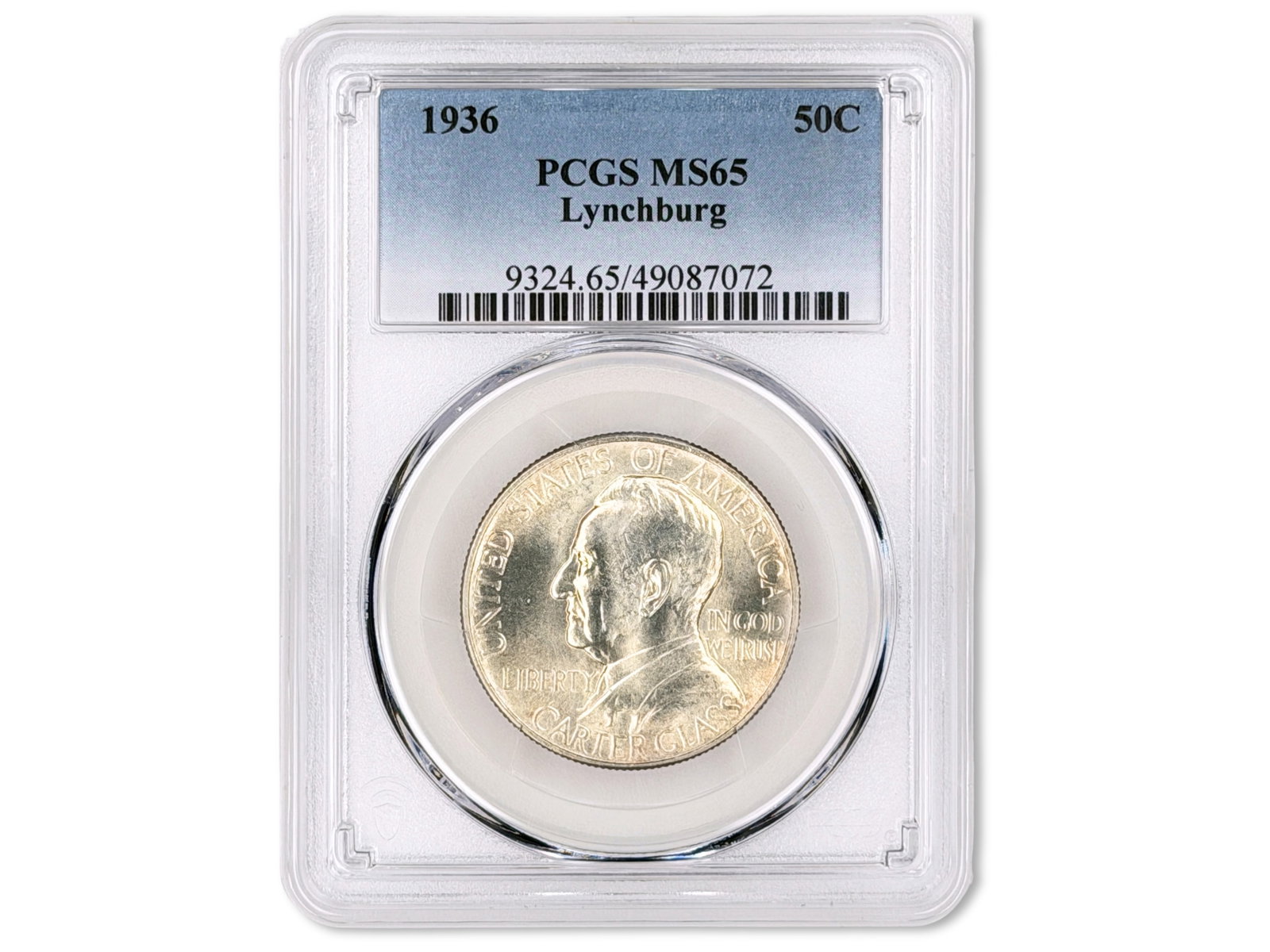 1936 Lynchburg Commemorative 50C PCGS MS65: 1936 Lynchburg Commemorative Half Dollar graded PCGS MS65. PCGS #49087072. Shipping: Weiss Auctions offers full-service, in-house shipping for nearly all items in this auction. For a shipping quote, p