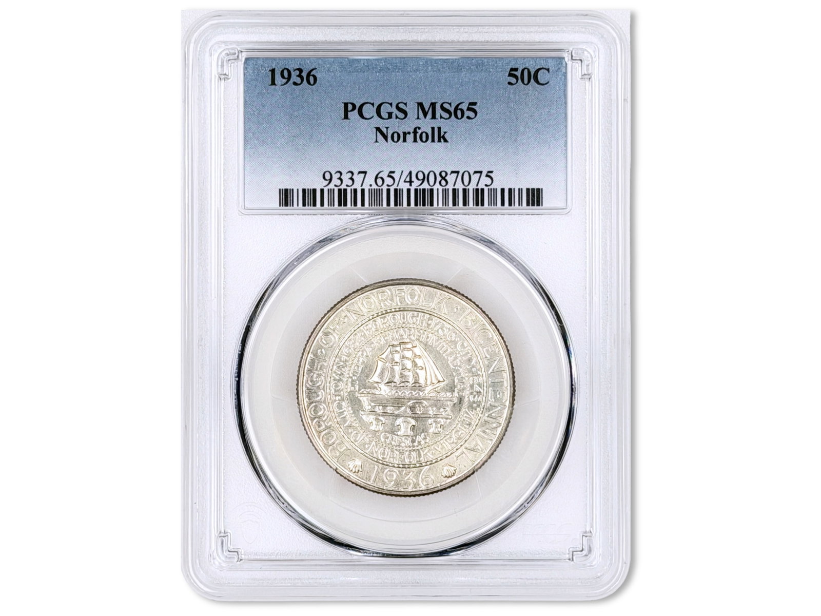 1936 Norfolk Commemorative 50C PCGS MS65: 1936 Norfolk Commemorative Half Dollar graded PCGS MS65. PCGS #49087075. Shipping: Weiss Auctions offers full-service, in-house shipping for nearly all items in this auction. For a shipping quote, ple