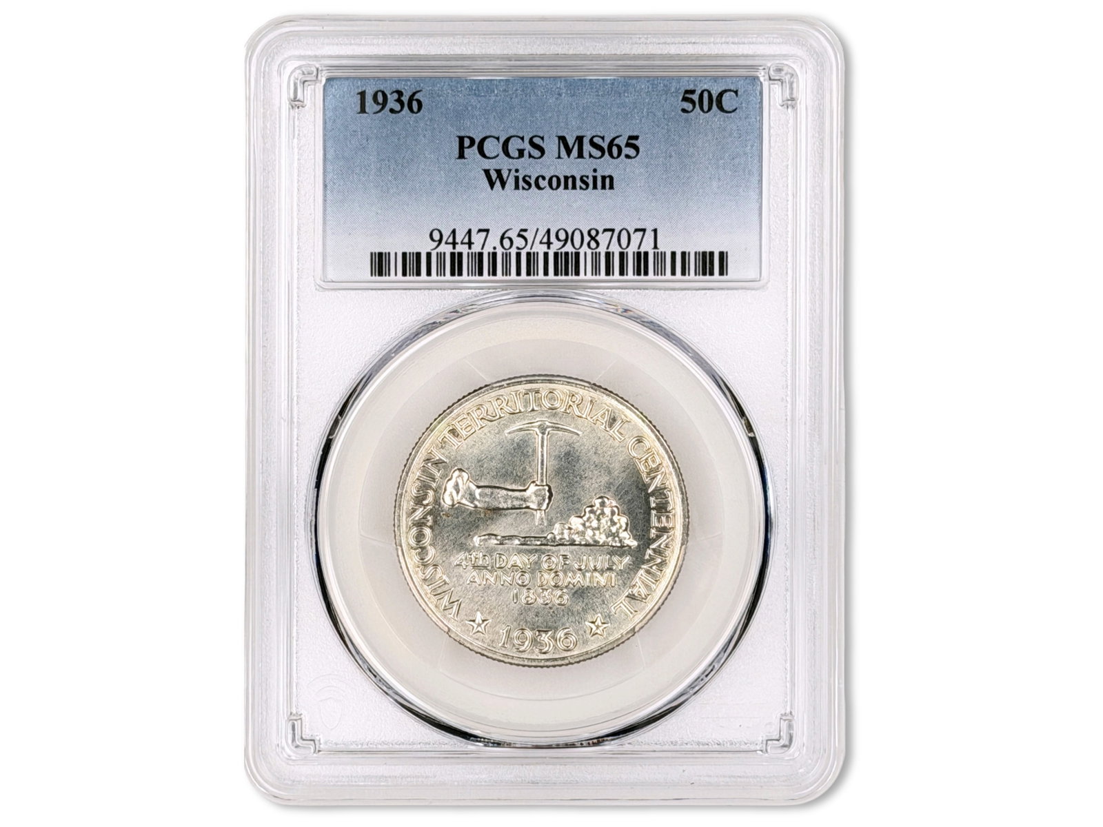 1936 Wisconsin Commemorative 50C PCGS MS65: 1936 Wisconsin Commemorative Half Dollar graded PCGS MS65. PCGS #49087071. Shipping: Weiss Auctions offers full-service, in-house shipping for nearly all items in this auction. For a shipping quote, p