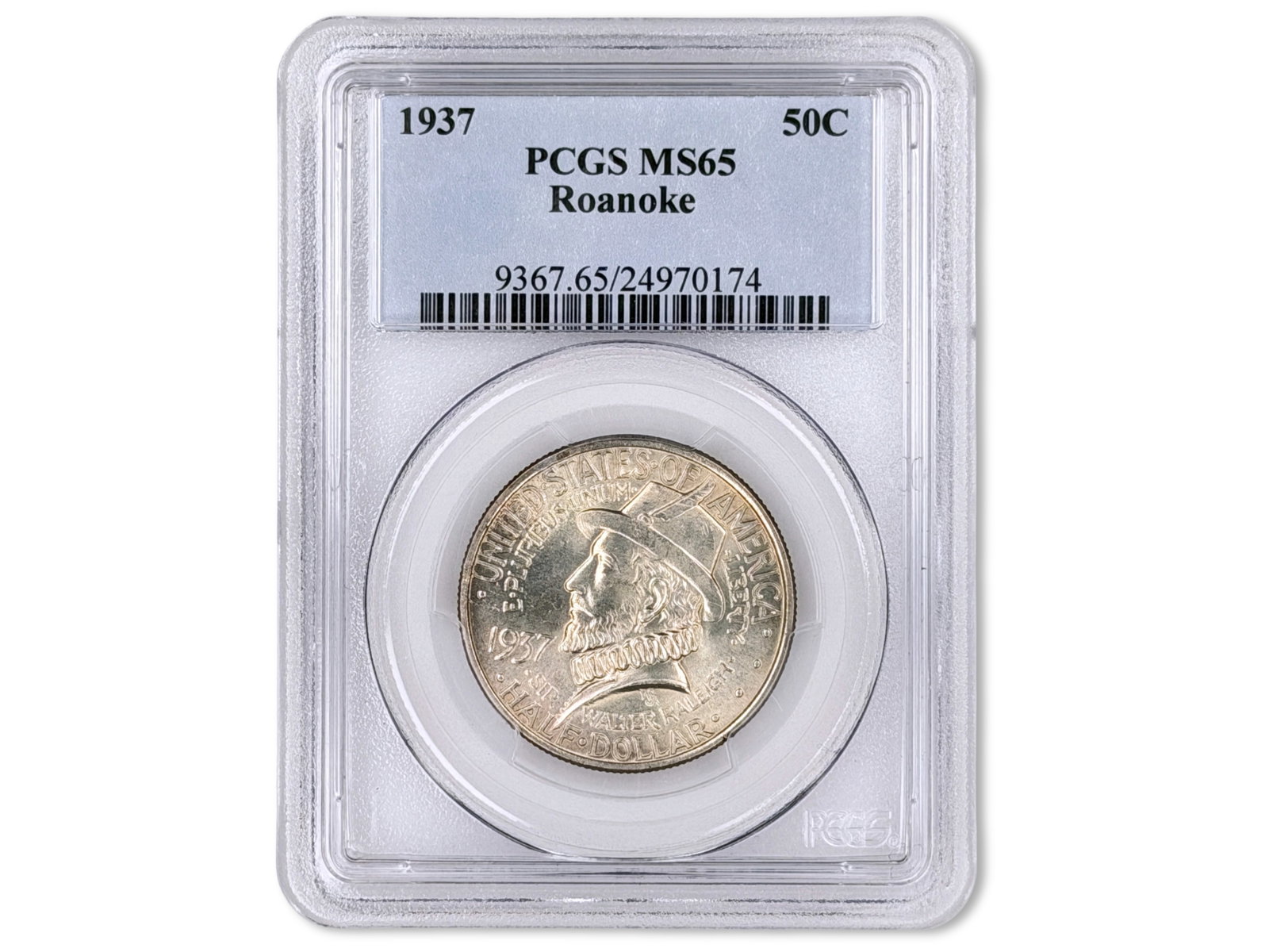 1937 Roanoke Commemorative 50C PCGS MS65: 1937 Roanoke Commemorative Half Dollar graded PCGS MS65. PCGS #24970174. Shipping: Weiss Auctions offers full-service, in-house shipping for nearly all items in this auction. For a shipping quote,
