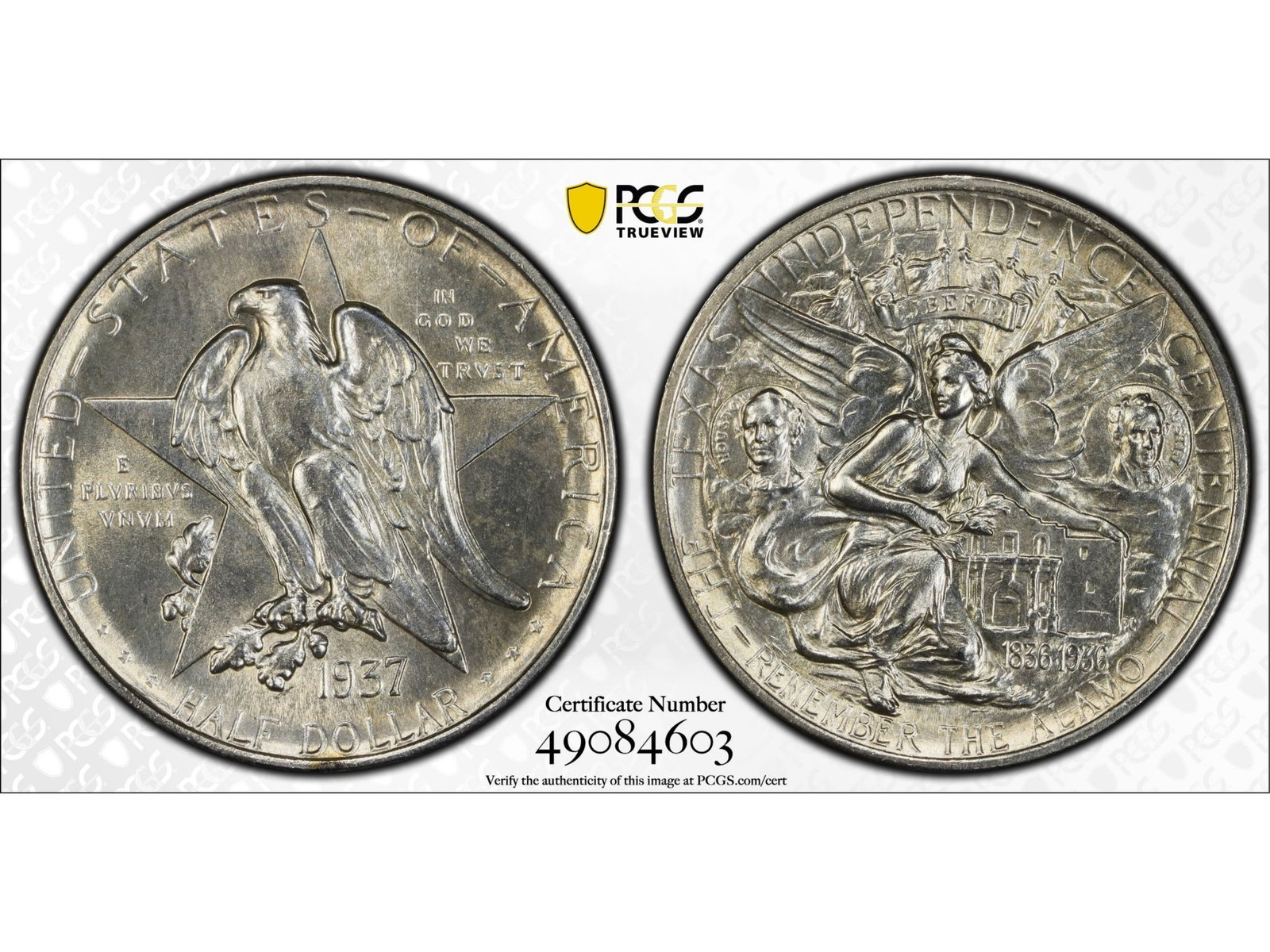 1937 Texas Commemorative 50C PCGS MS63: 1937 Texas Commemorative Half Dollar graded PCGS MS63. PCGS #49084603. Shipping: Weiss Auctions offers full-service, in-house shipping for nearly all items in this auction. For a shipping quote,