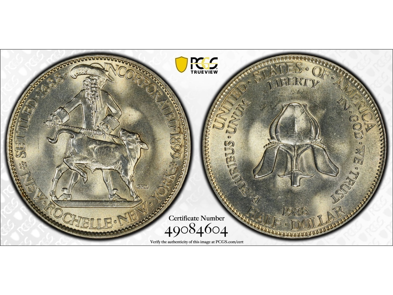 1938 New Rochelle Commemorative 50C PCGS MS64: 1938 New Rochelle Commemorative Half Dollar graded PCGS MS64. PCGS #49084604. Shipping: Weiss Auctions offers full-service, in-house shipping for nearly all items in this auction. For a shipping