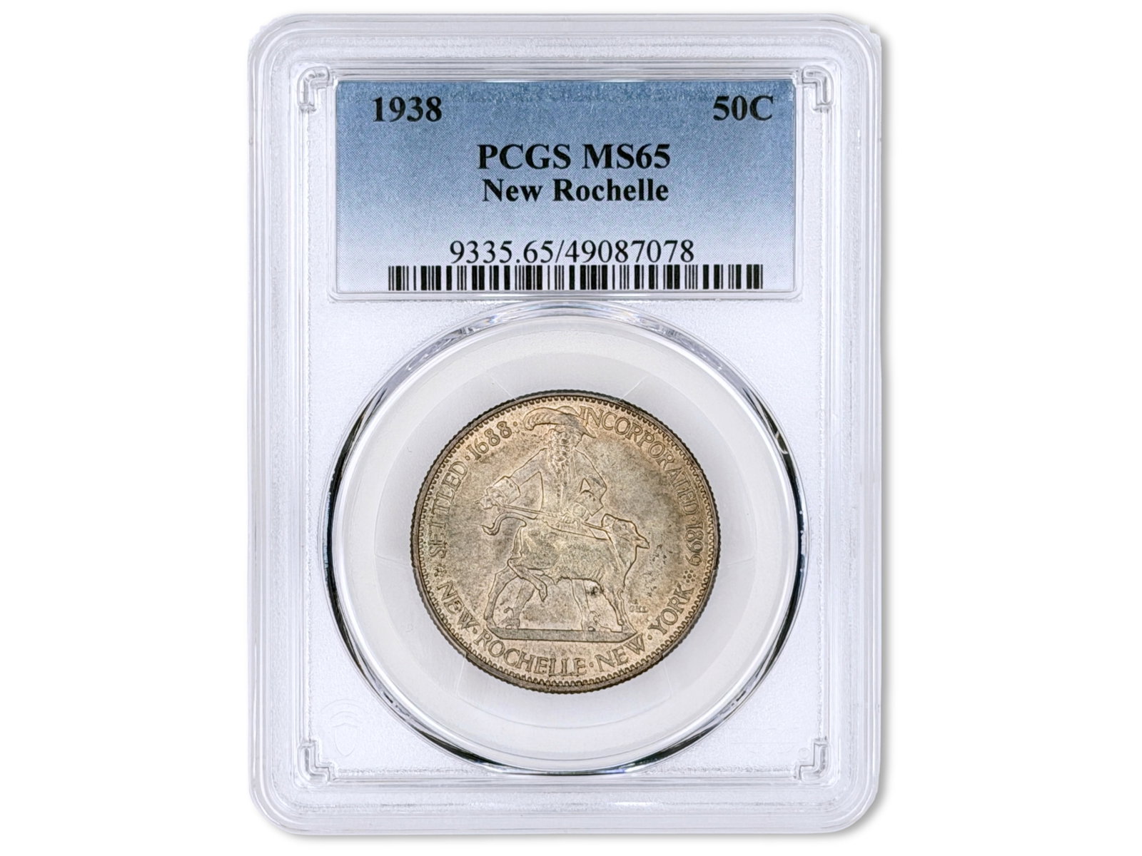 1938 New Rochelle Commemorative 50C PCGS MS65: 1938 New Rochelle Commemorative Half Dollar graded PCGS MS65. PCGS #49087078. Shipping: Weiss Auctions offers full-service, in-house shipping for nearly all items in this auction. For a shipping