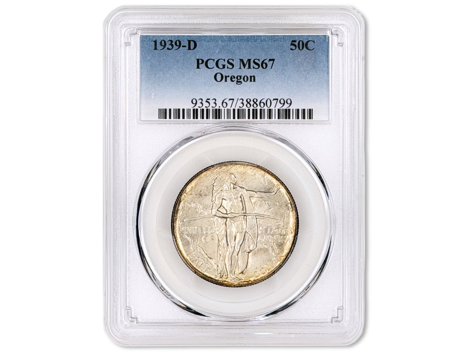 1939-D Oregon Commemorative 50C PCGS MS67: 1939-D Oregon Commemorative Half Dollar graded PCGS MS67. PCGS #38860799. Shipping: Weiss Auctions offers full-service, in-house shipping for nearly all items in this auction. For a shipping quote,