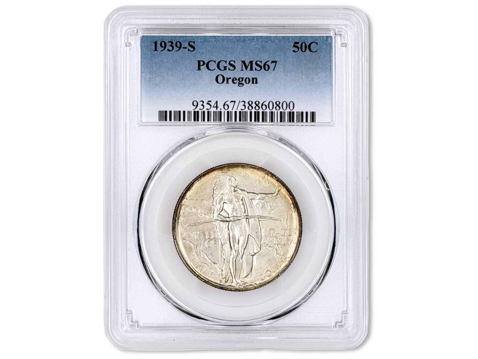 1939-S Oregon Commemorative 50C PCGS MS67: 1939-S Oregon Commemorative Half Dollar graded PCGS MS67. PCGS #38860800. Shipping: Weiss Auctions offers full-service, in-house shipping for nearly all items in this auction. For a shipping quote,