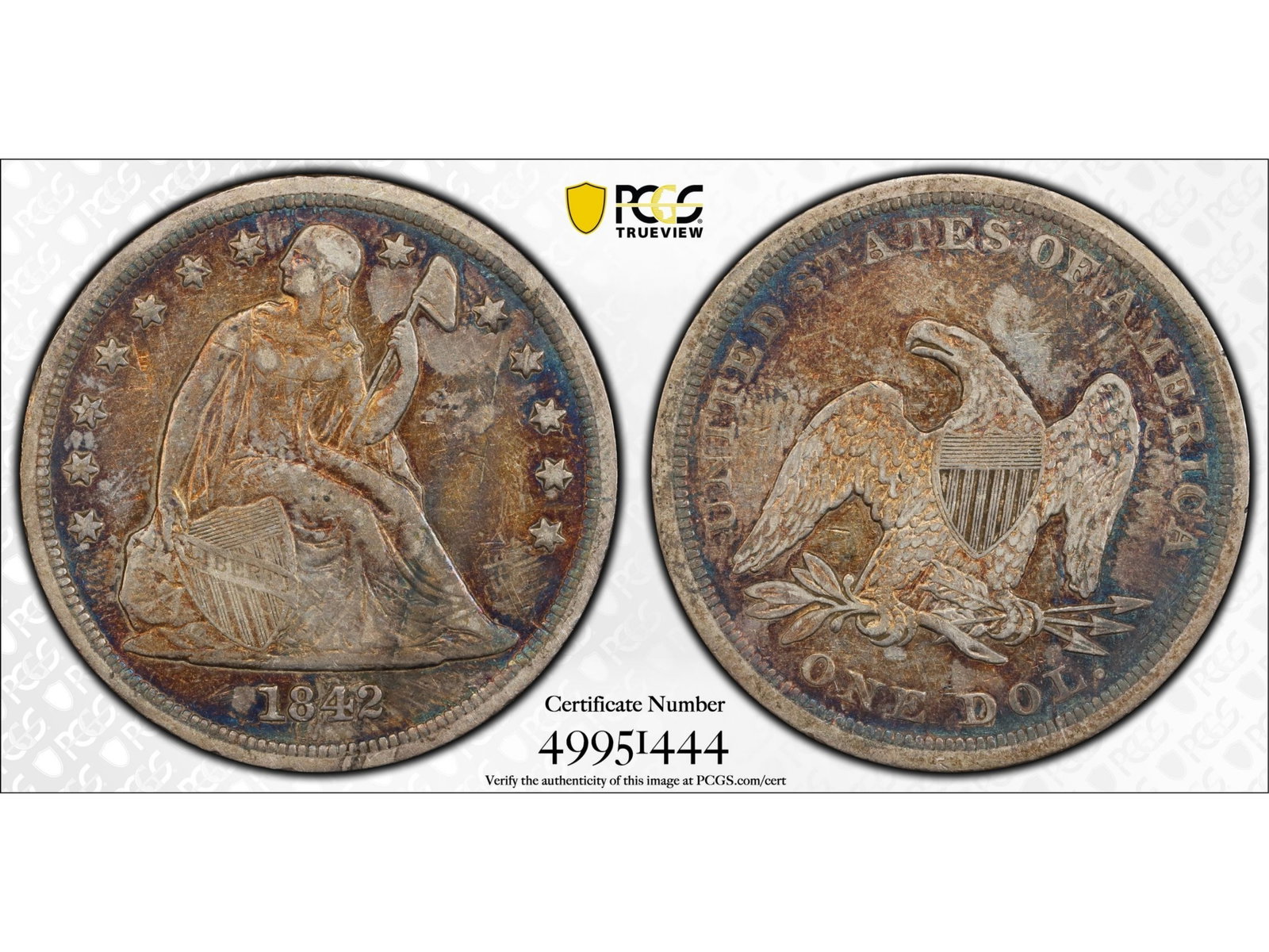 1842 $1 Graded PCGS VF30: 1842 Seated Liberty dollar graded PCGS VF30. PCGS #49951444. Shipping: Weiss Auctions offers full-service, in-house shipping for nearly all items in this auction. For a shipping quote, please contact