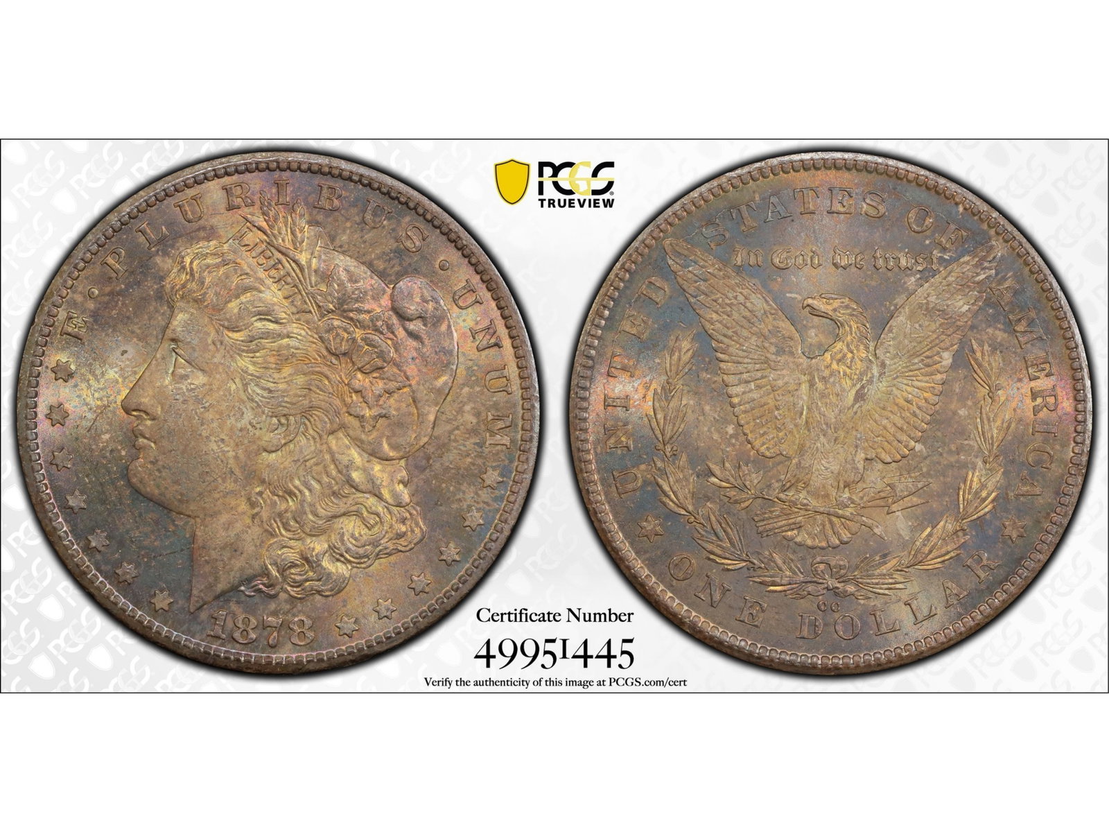 1878-CC $1 Graded PCGS MS62: 1878-CC Morgan silver dollar graded PCGS MS62. PCGS #49951445. Nicely toned. Shipping: Weiss Auctions offers full-service, in-house shipping for nearly all items in this auction. For a shipping