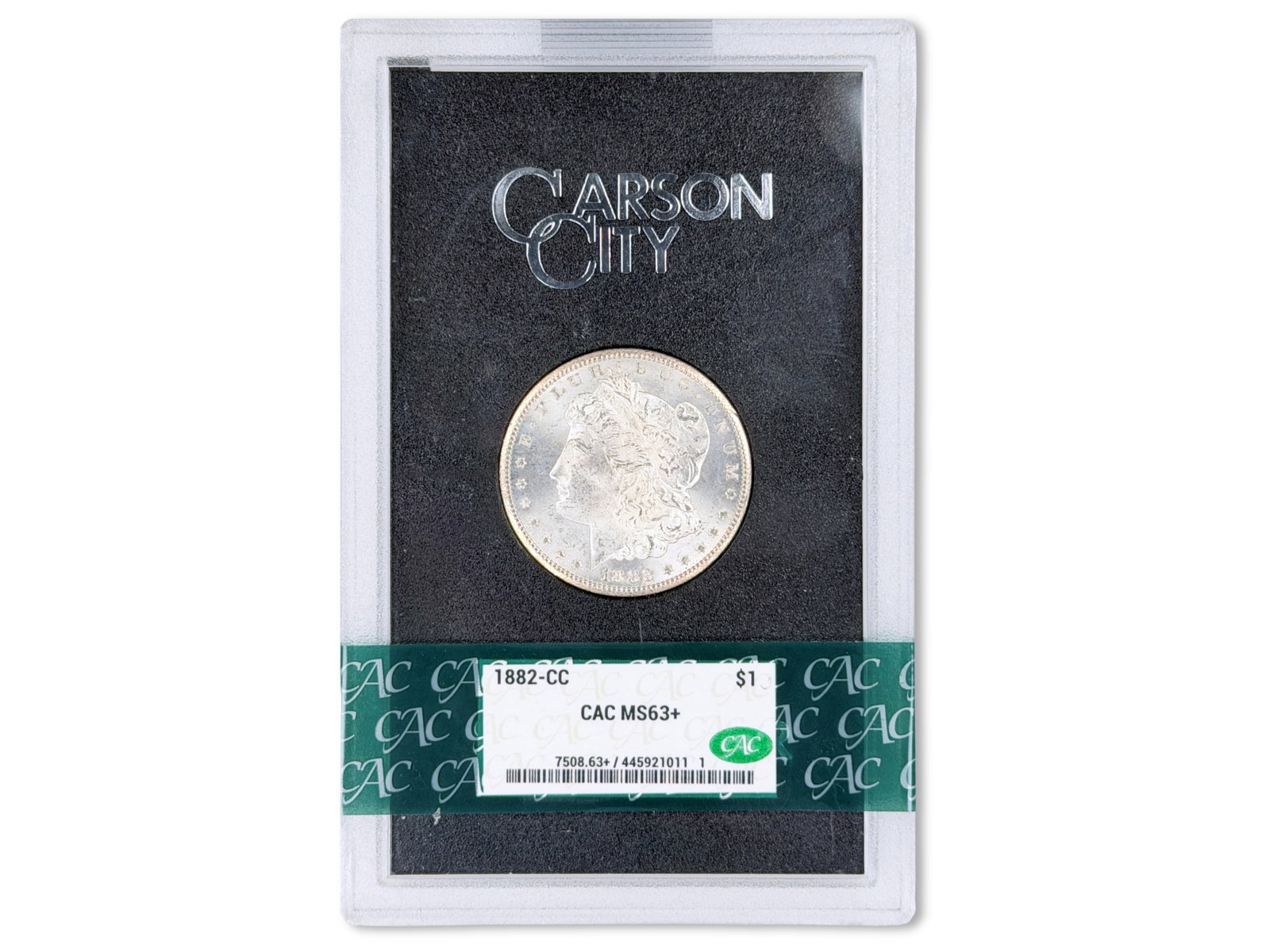 1882-CC GSA $1 Graded CAC MS63+: 1882-CC GSA silver dollar graded CAC MS63+. CAC #445921011. In original box. Shipping: Weiss Auctions offers full-service, in-house shipping for nearly all items in this auction. For a shipping quote,