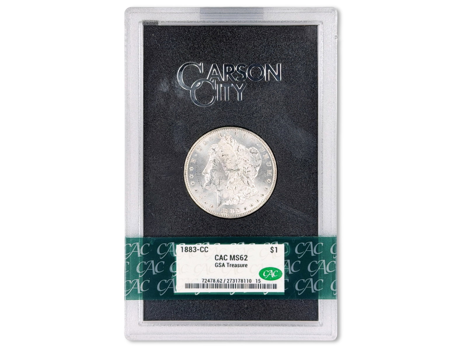 1883-CC GSA $1 Graded CAC MS62: 1883-CC GSA silver dollar graded CAC MS62. CAC #273178110. In original box. Shipping: Weiss Auctions offers full-service, in-house shipping for nearly all items in this auction. For a shipping quote, 