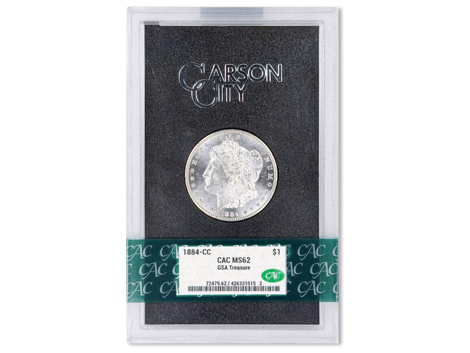 1884-CC GSA $1 Graded CAC MS62: 1884-CC GSA silver dollar graded CAC MS62. CAC #426331515. In original box. Shipping: Weiss Auctions offers full-service, in-house shipping for nearly all items in this auction. For a shipping quote, 