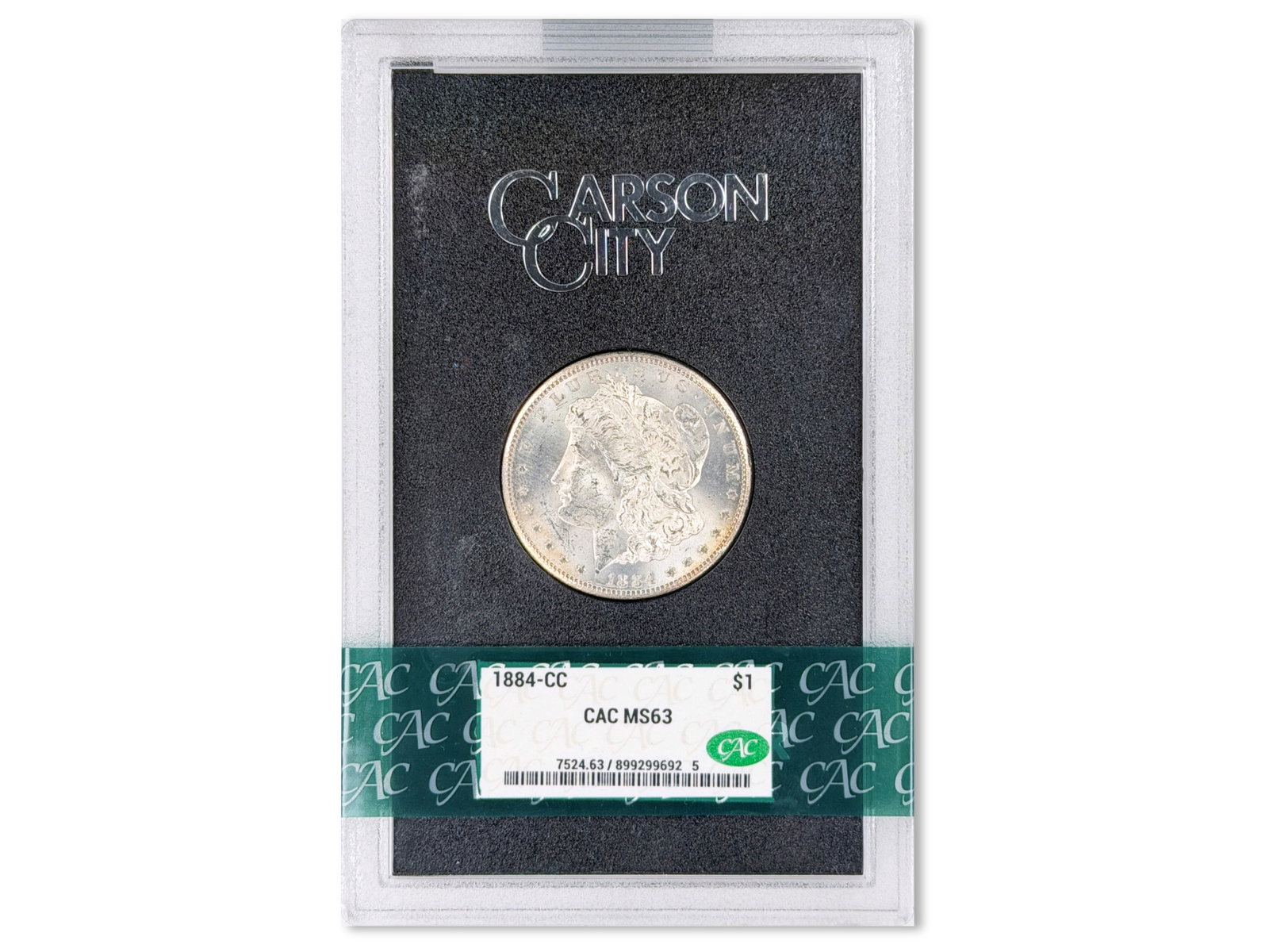 1884-CC GSA $1 Graded CAC MS63: 1884-CC GSA silver dollar graded CAC MS63. CAC #899299692. In original box. Shipping: Weiss Auctions offers full-service, in-house shipping for nearly all items in this auction. For a shipping quote,