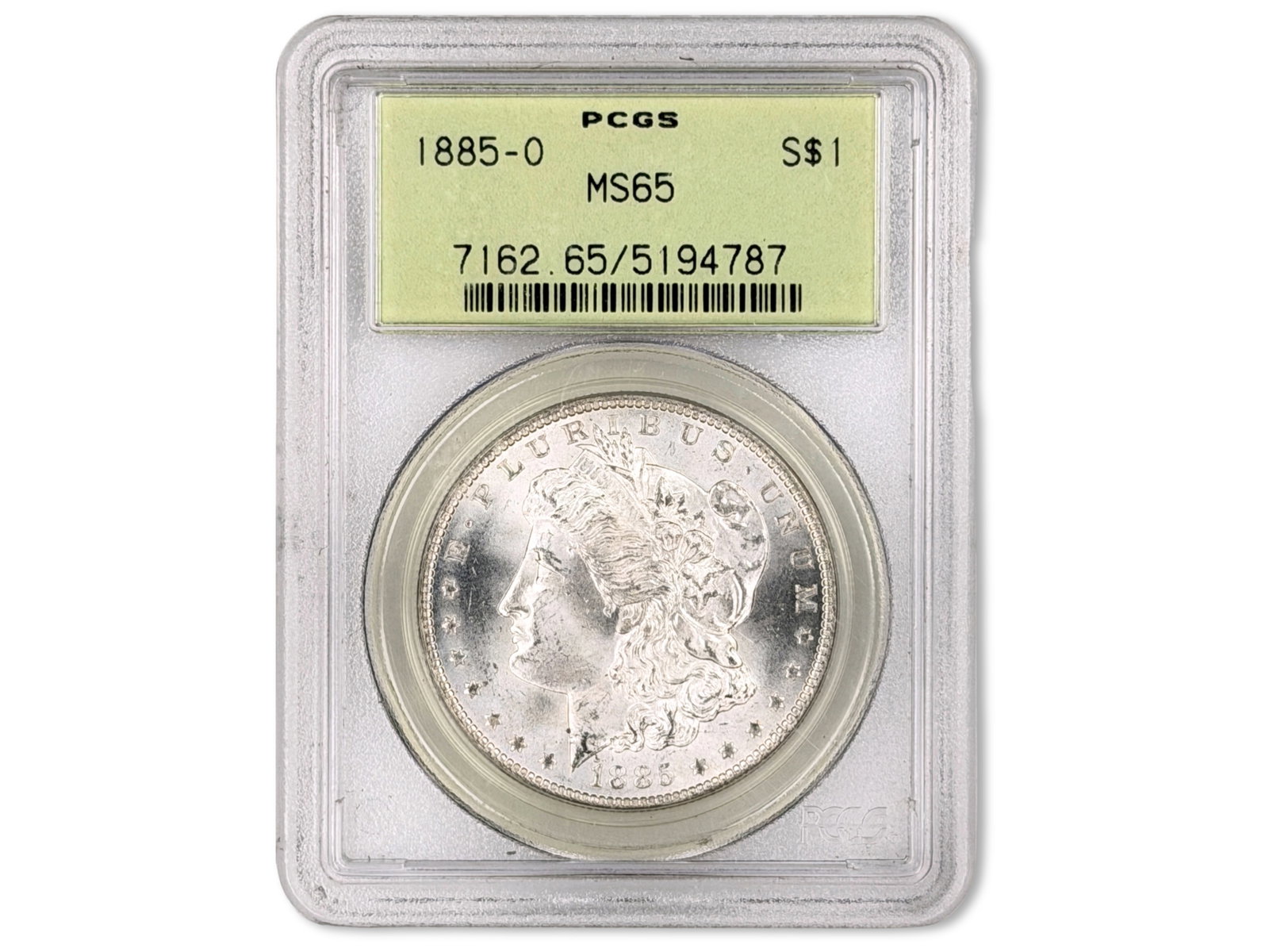 1885-O $1 Graded PCGS MS65: 1885-O Morgan silver dollar graded PCGS MS65. PCGS #5194787. Shipping: Weiss Auctions offers full-service, in-house shipping for nearly all items in this auction. For a shipping quote, please contact