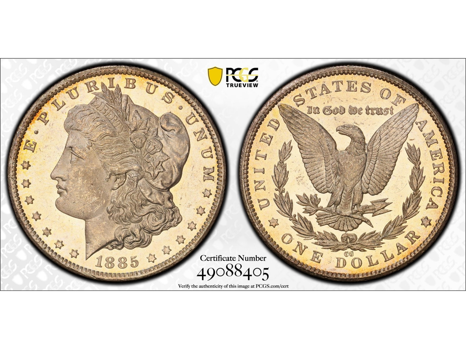 1885-CC $1 Graded PCGS MS63: 1885-CC Morgan silver dollar graded PCGS MS63. PCGS #49088405. Shipping: Weiss Auctions offers full-service, in-house shipping for nearly all items in this auction. For a shipping quote, please