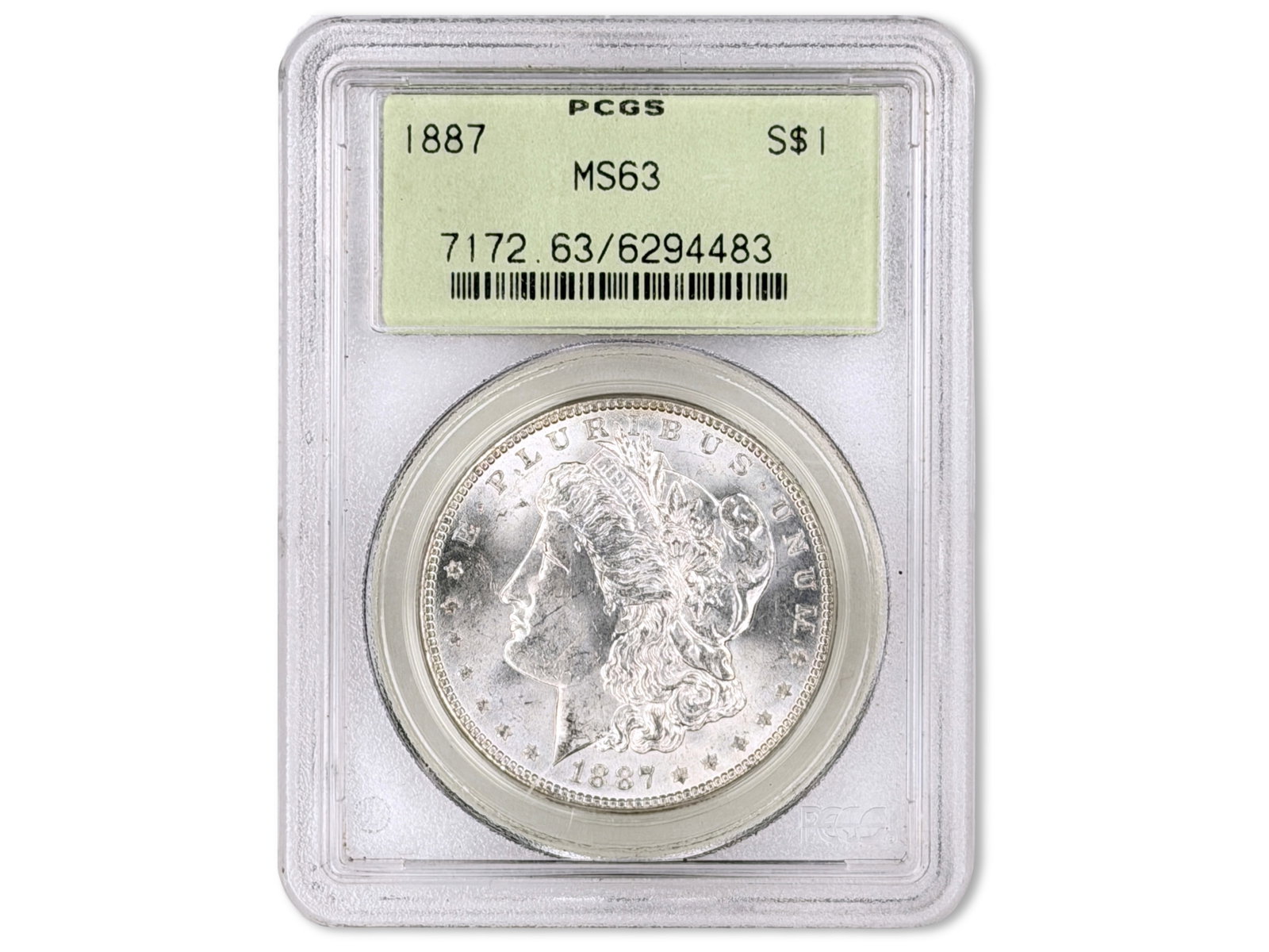 1887 $1 Graded PCGS MS63: 1887 Morgan silver dollar graded PCGS MS63. PCGS #6294483. Shipping: Weiss Auctions offers full-service, in-house shipping for nearly all items in this auction. For a shipping quote, please contact