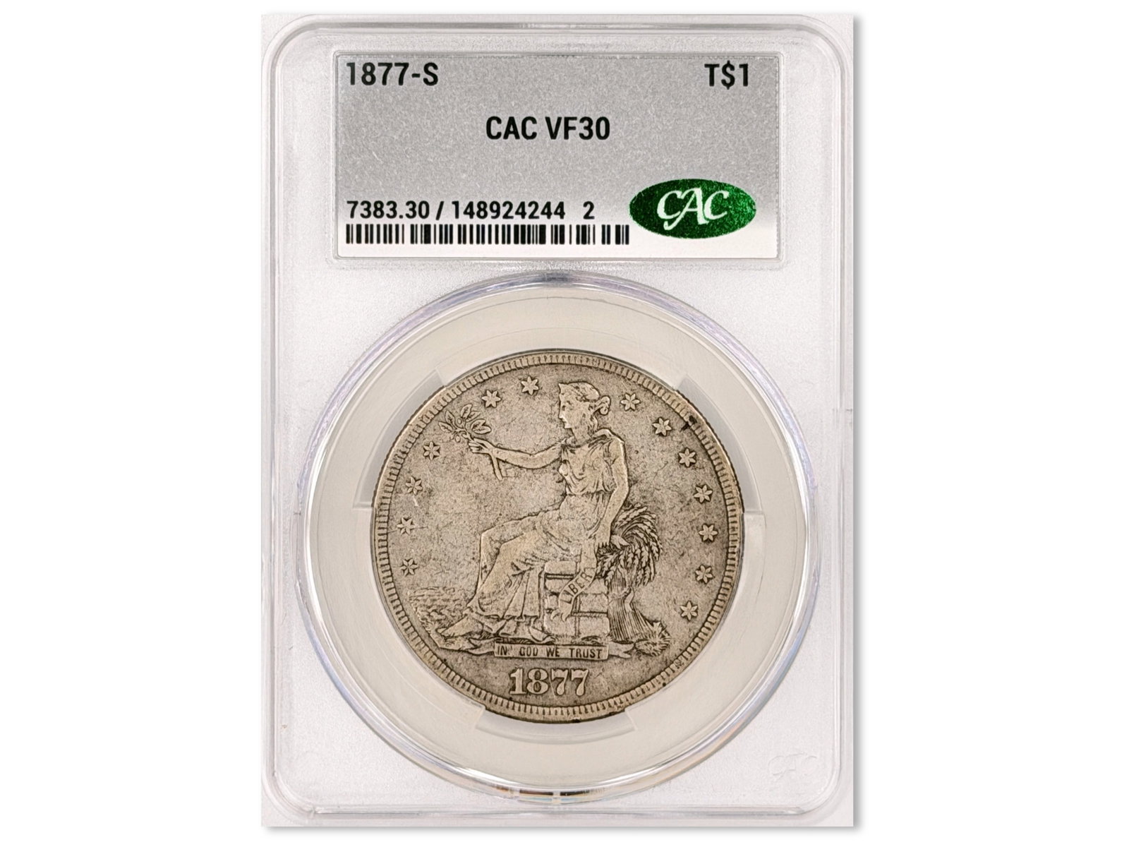 1877-S T$1 Graded CAC VF30: 1877-S trade dollar graded CAC VF30. CAC #148924244. Shipping: Weiss Auctions offers full-service, in-house shipping for nearly all items in this auction. For a shipping quote, please contact us