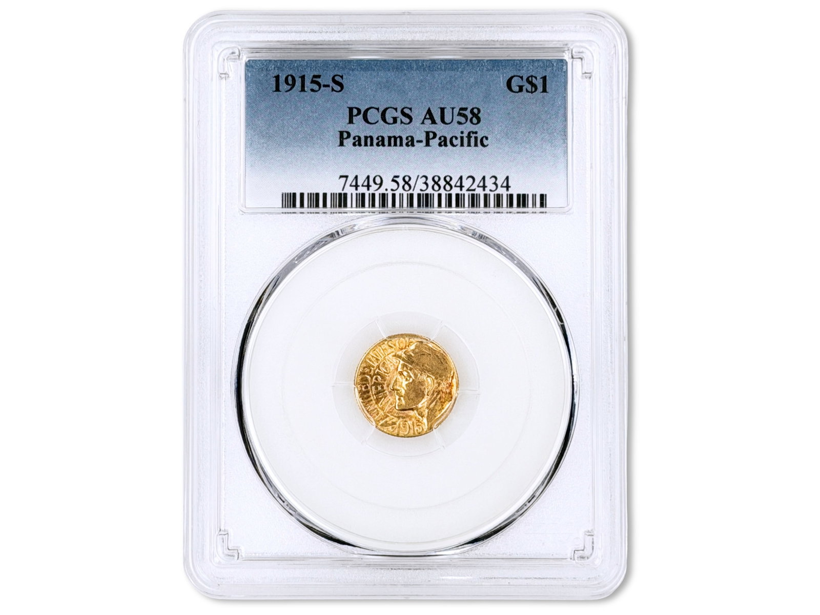1915-S Panama-Pacific Commem $1 PCGS AU58: 1915-S Panama-Pacific Commemorative Gold Dollar graded PCGS AU58. PCGS #38842434. Shipping: Weiss Auctions offers full-service, in-house shipping for nearly all items in this auction. For a shipping