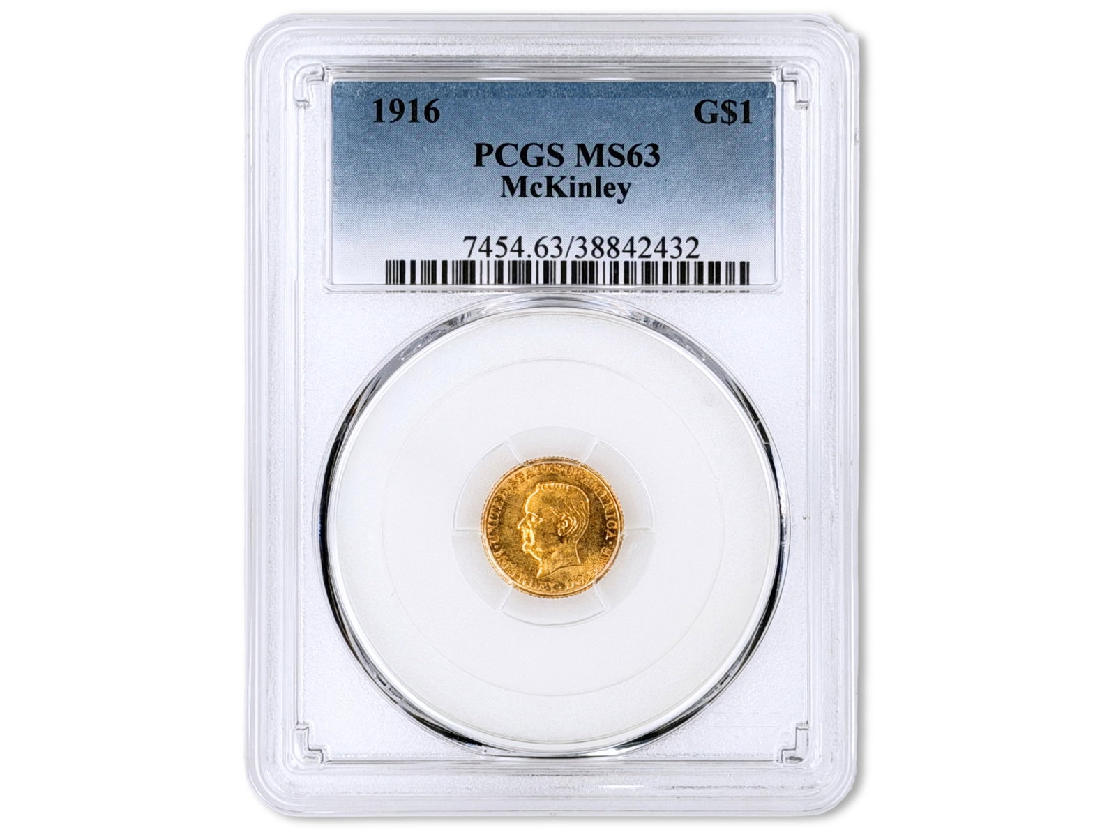 1916 McKinley Commemorative $1 PCGS MS63: 1916 McKinley Commemorative Gold Dollar graded PCGS MS63. PCGS #38842432. Shipping: Weiss Auctions offers full-service, in-house shipping for nearly all items in this auction. For a shipping quote,