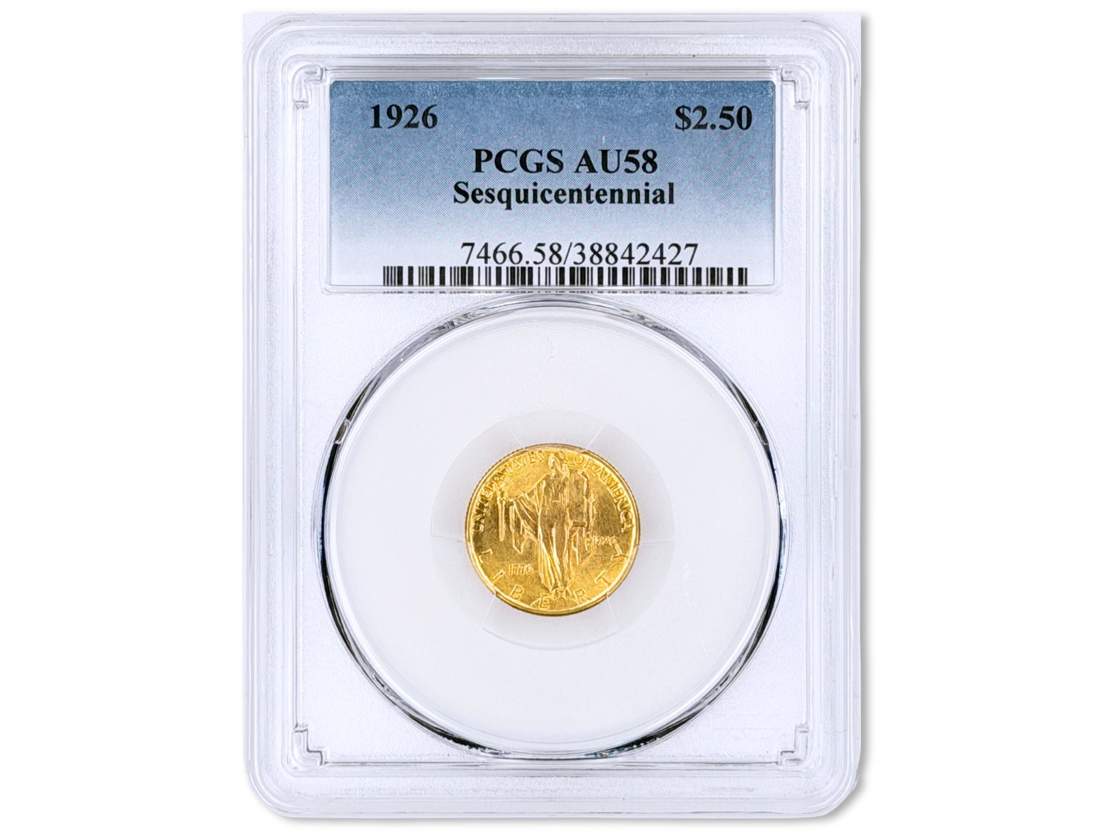 1926 Sesquicentennial Commem $2.50 PCGS AU58: 1926 Sesquicentennial Commemorative Gold Quarter Eagle graded PCGS AU58. PCGS #38842427. Shipping: Weiss Auctions offers full-service, in-house shipping for nearly all items in this auction. For a