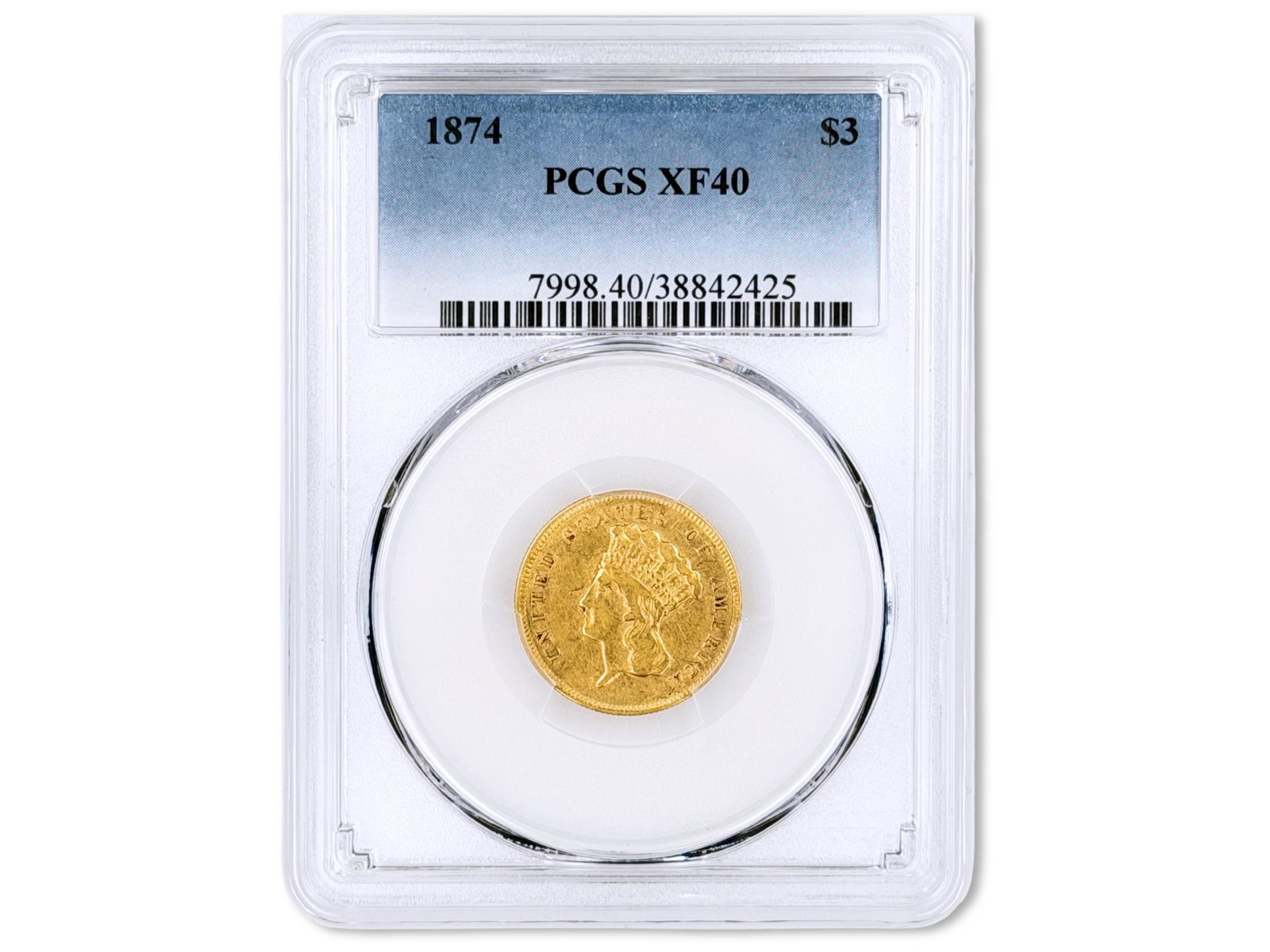 1874 $3 Graded PCGS XF40: 1874 Three Dollar gold piece graded PCGS XF40. PCGS #38842425. Shipping: Weiss Auctions offers full-service, in-house shipping for nearly all items in this auction. For a shipping quote, please