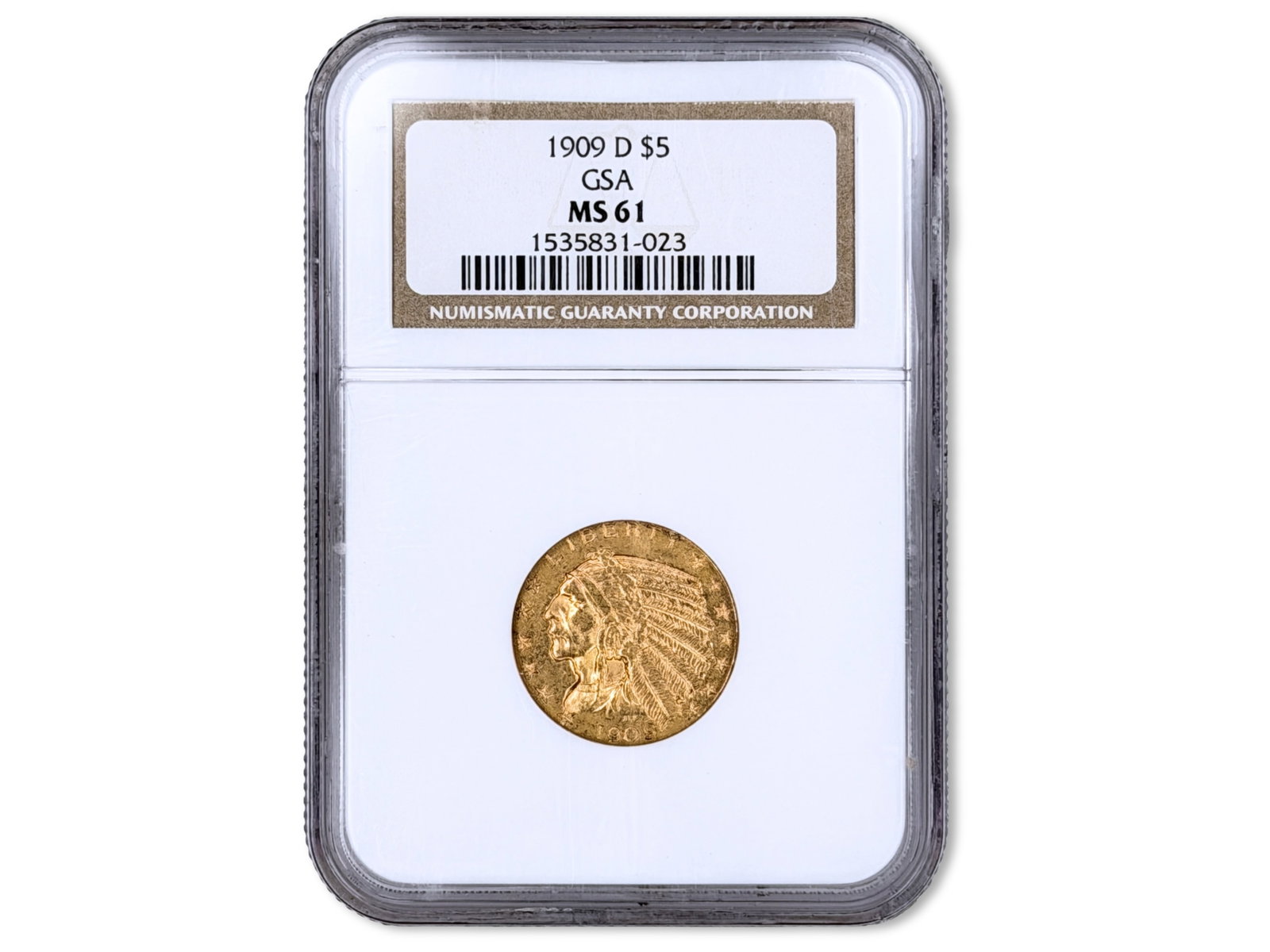 1909-D $5 Gold Graded NGC MS61: 1909-D $5 gold Indian Head half eagle graded NGC MS61. NGC #1535831-023. Shipping: Weiss Auctions offers full-service, in-house shipping for nearly all items in this auction. For a shipping quote,