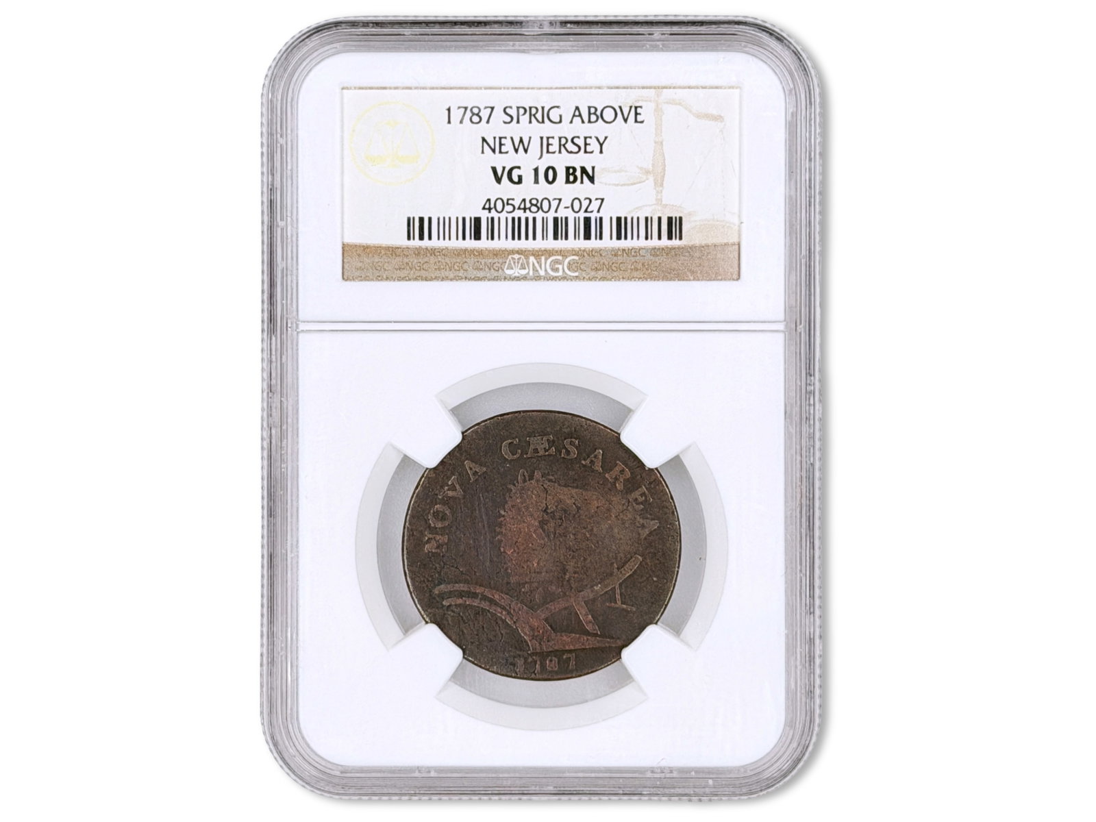 1787 NJ Copper 1C Graded NGC VG10 BN: 1787 New Jersey copper (Sprig Above Plow variety) graded NGC VG10 BN. NGC #4054807-027. Shipping: Weiss Auctions offers full-service, in-house shipping for nearly all items in this auction. For a