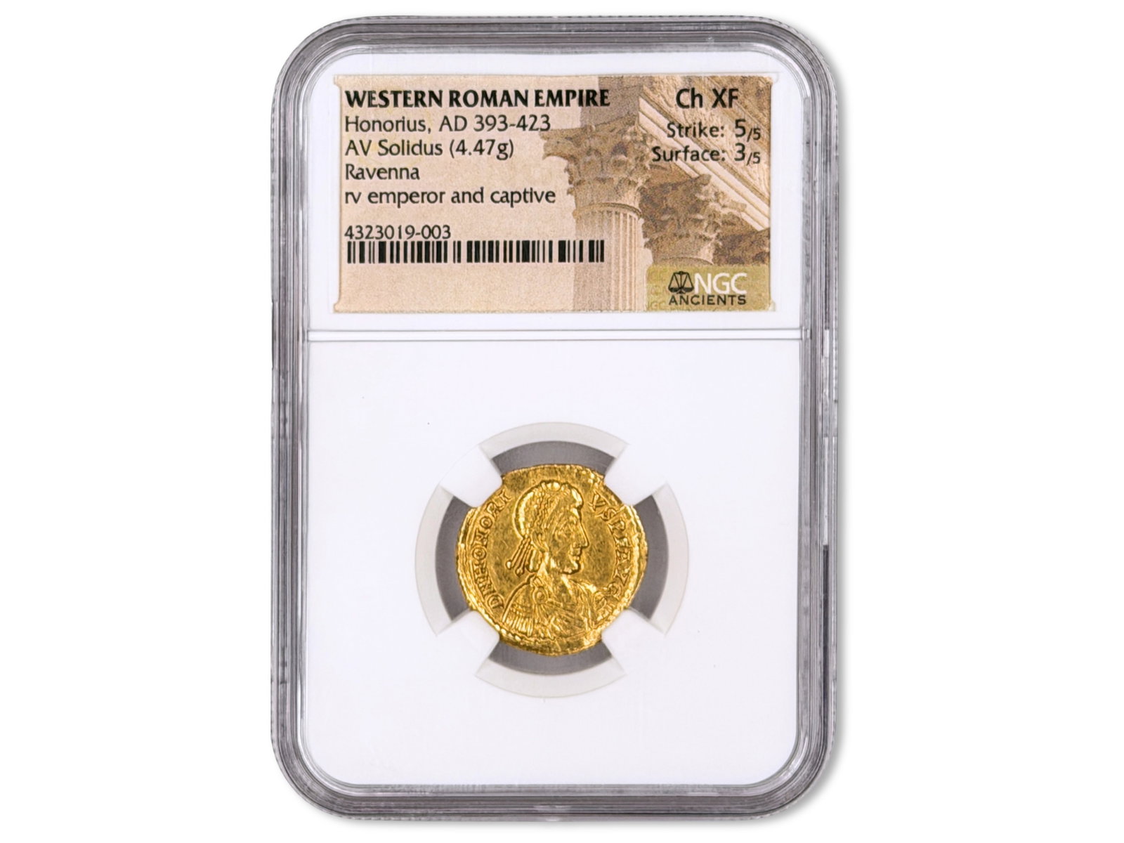 Western Rome Honorius AV Solidus NGC Ch XF: Western Roman Empire, Honorius (AD 393-423) AV solidus, Ravenna mint, graded NGC Ancients Ch XF (Strike 5/5, Surface 3/5). NGC #4323019-003. Shipping: Weiss Auctions offers full-service, in-house