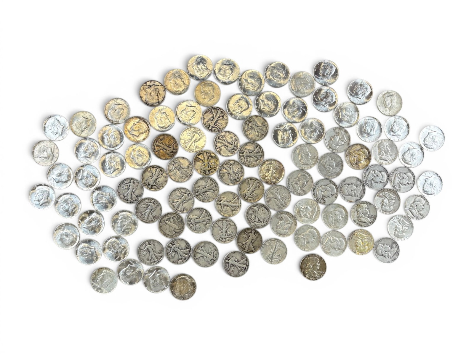 (98) 90% Silver Half Dollars: Approximately 98 90% silver half dollars including Walking Liberty Half Dollar, Franklin Half Dollar, and 1964 Kennedy Half Dollar examples. Mixed conditions. Shipping: Weiss Auctions offers full-serv