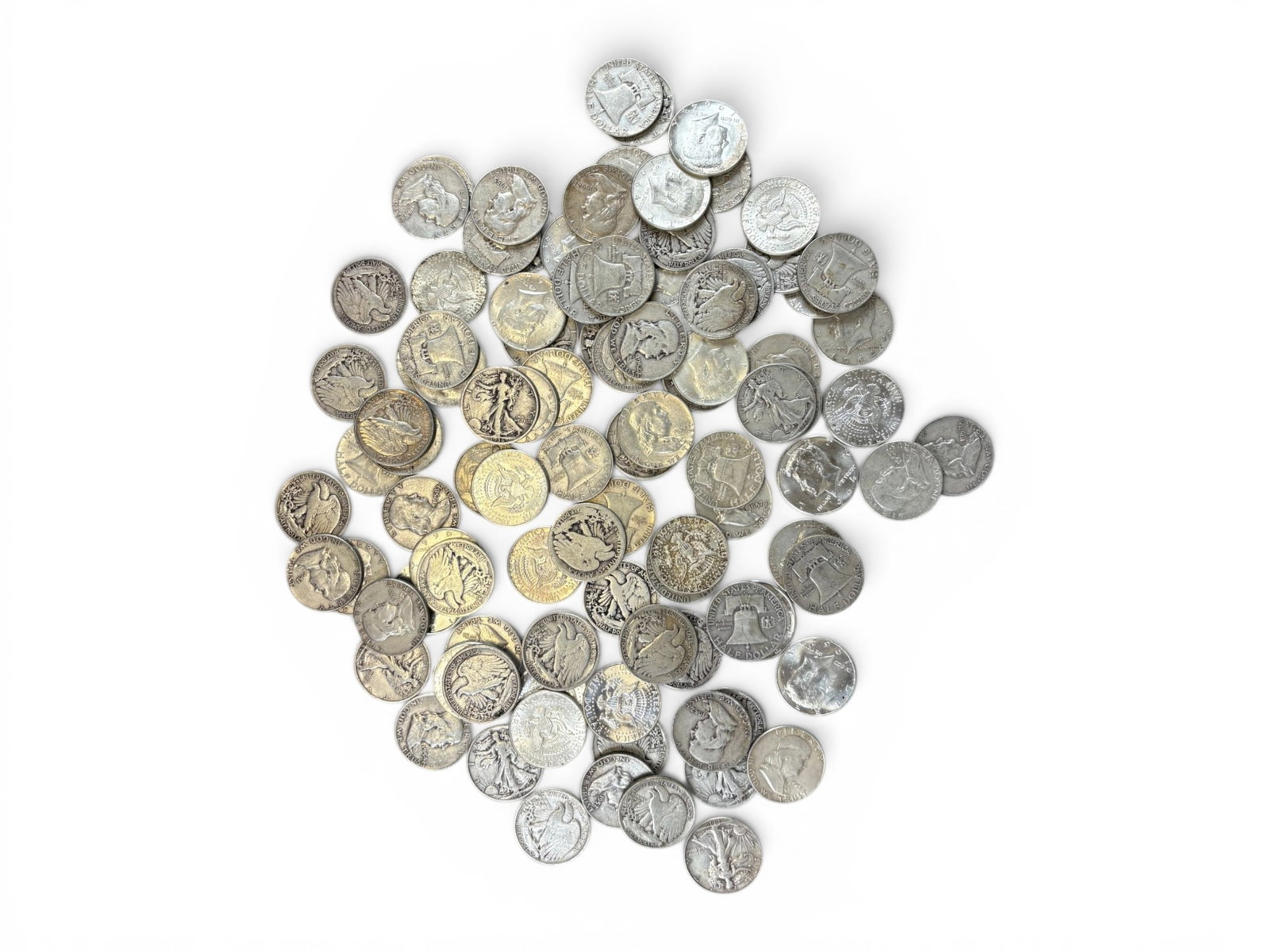 (97) 90% Silver Half Dollars: Approximately 97 90% silver half dollars including Walking Liberty Half Dollar, Franklin Half Dollar, and 1964 Kennedy Half Dollar examples. Mixed conditions. Shipping: Weiss Auctions offers