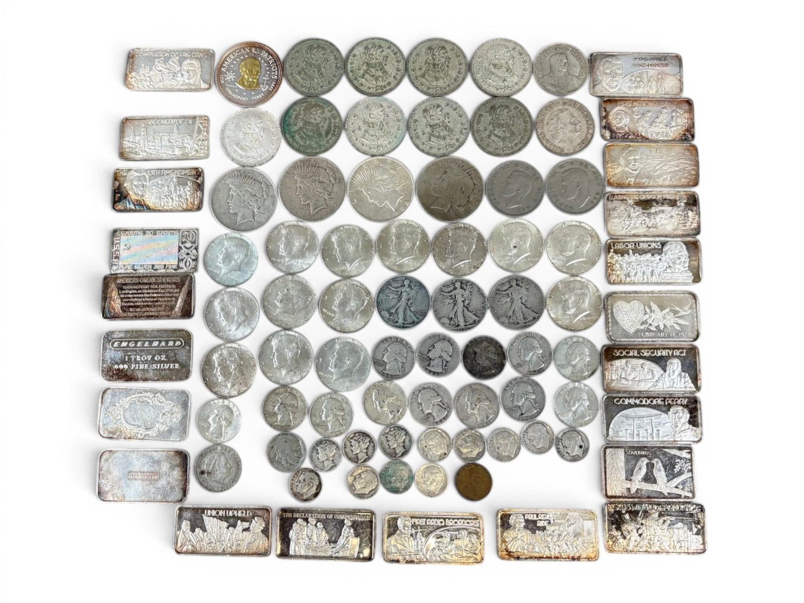 Estate Coin & Bullion Collection: Estate coin and bullion collection including U.S. and foreign coins and silver bars. Includes $15.45 face value in 90% silver coins including Peace Dollar, Walking Liberty Half Dollar, and 1964