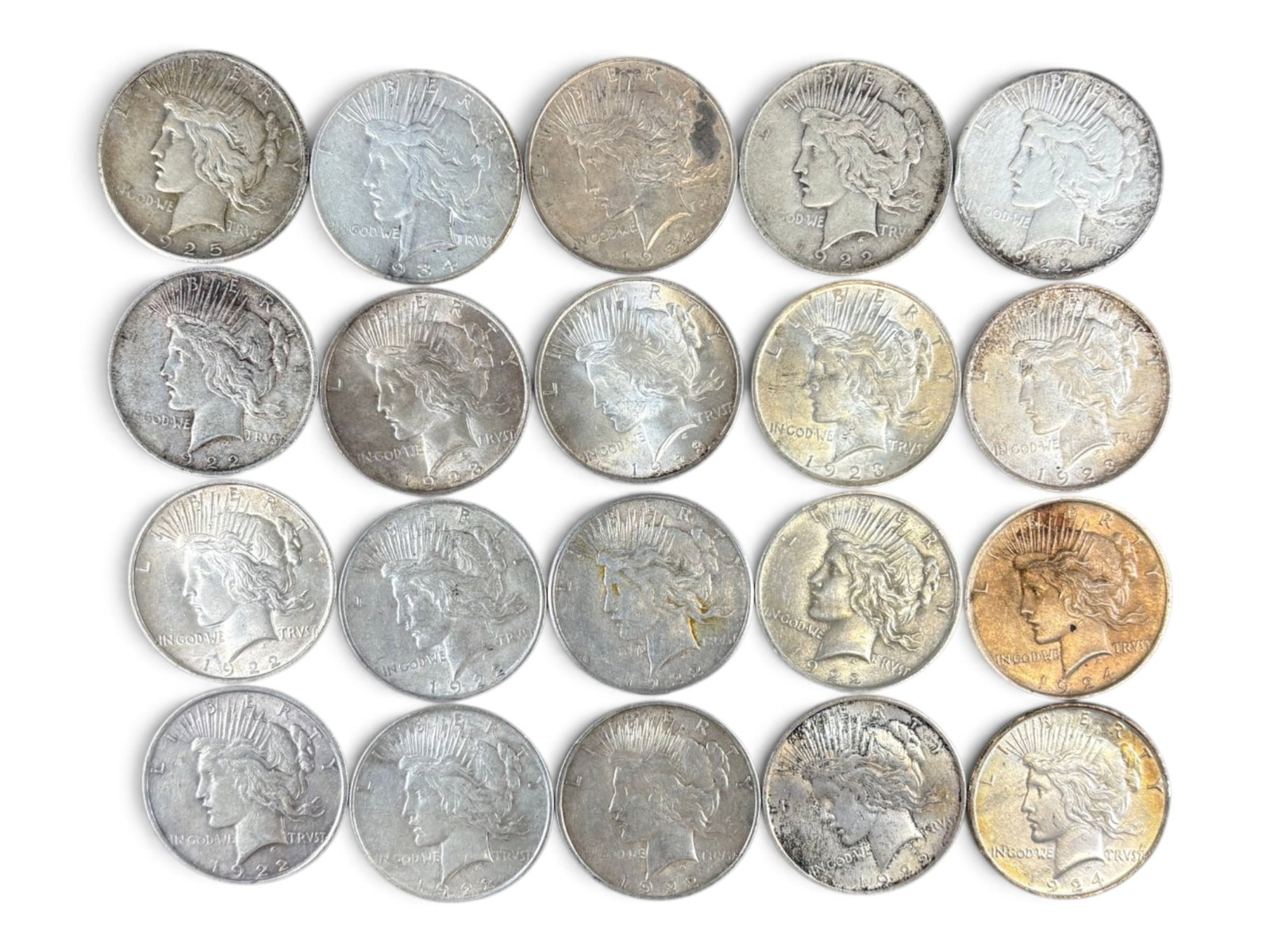 (20) Peace Dollars: 20 Peace silver dollars with mixed dates and conditions. Shipping: Weiss Auctions offers full-service, in-house shipping for nearly all items in this auction. For a shipping quote, please contact us