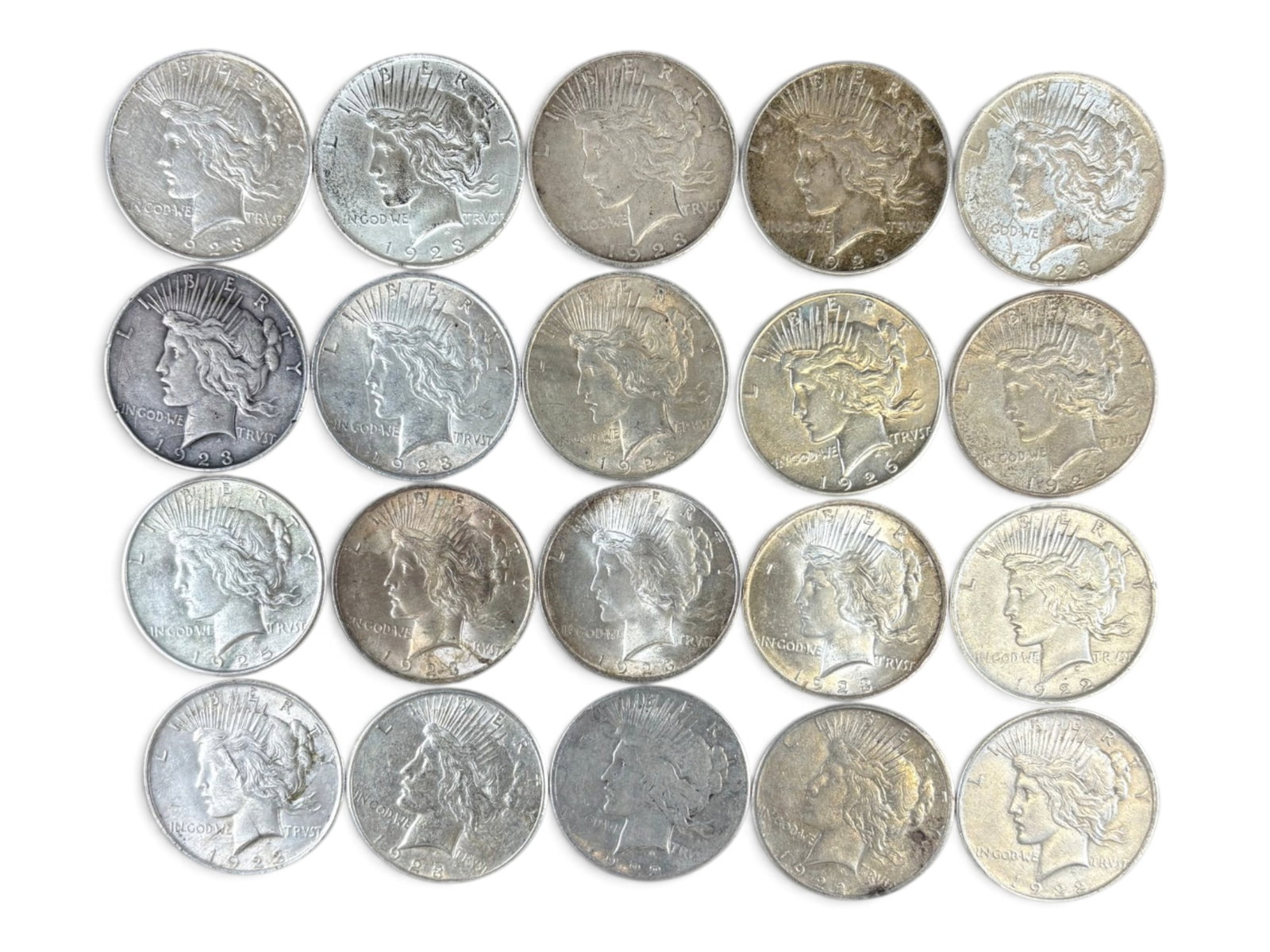 (20) Peace Dollars: 20 Peace silver dollars with mixed dates and conditions. Shipping: Weiss Auctions offers full-service, in-house shipping for nearly all items in this auction. For a shipping quote, please contact us