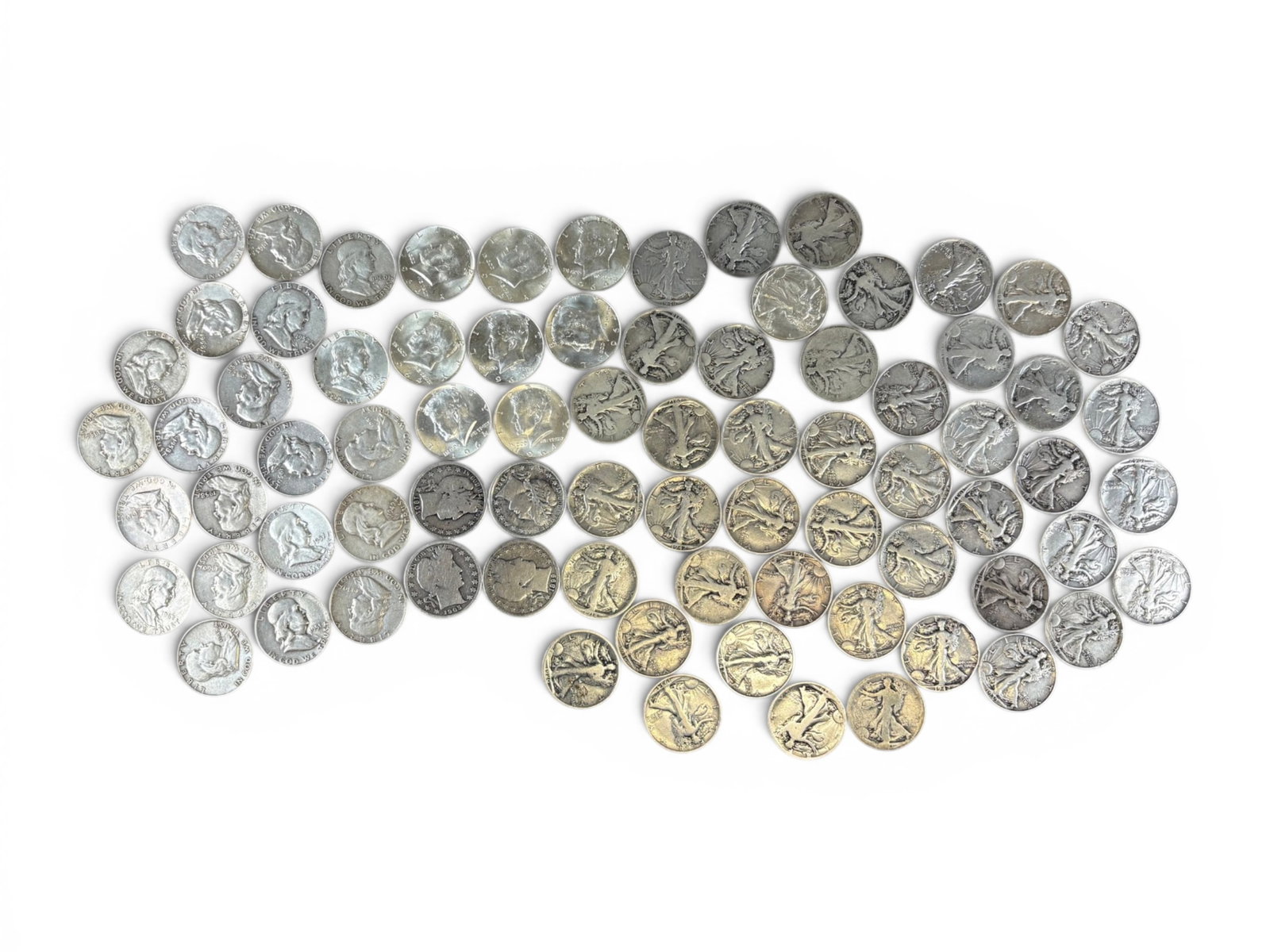 (78) 90% Silver Half Dollars: Group of 78 90% silver half dollars including Barber, Walking Liberty, Franklin, and 1964 Kennedy. Mixed dates and conditions. Shipping: Weiss Auctions offers full-service, in-house shipping for nearl
