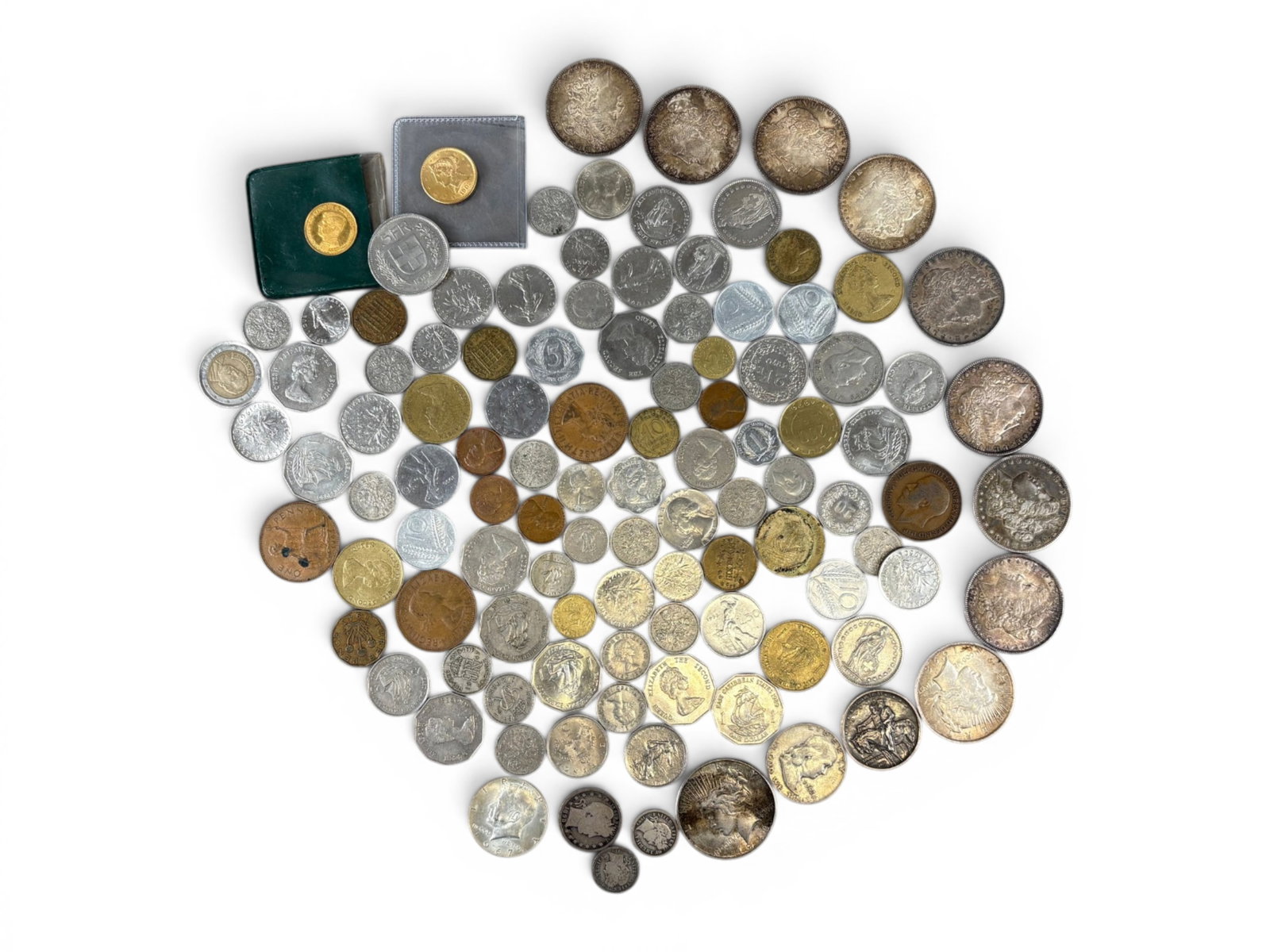 Estate Coin Collection: Estate coin collection including 1902-S $5 Gold, JFK Aureus Magnus token, 8 Morgan Dollars, 2 Peace Dollars, assorted other US coins, and a collection of foreign coins. Shipping: Weiss Auctions offers