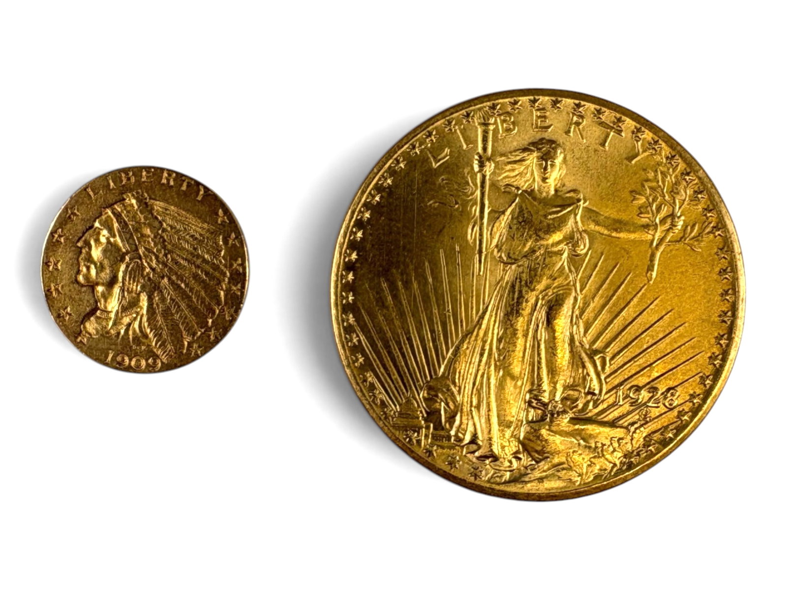 1928 $20 & 1909 $2.50 Gold Coins: 1928 $20 Saint-Gaudens gold coin and 1909 $2.50 gold coin. Ungraded. See images for condition. Shipping: Weiss Auctions offers full-service, in-house shipping for nearly all items in this auction.