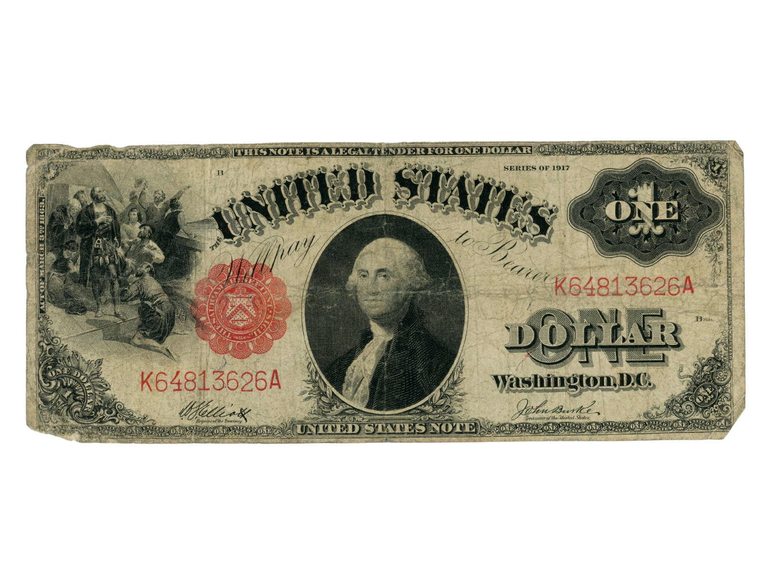 Fr. 37 1917 $1 Legal Tender Note: Fr. 37 1917 $1 Legal Tender Note. Some paper loss to the corners. Ungraded. See images for condition. Shipping: Weiss Auctions offers full-service, in-house shipping for nearly all items in this