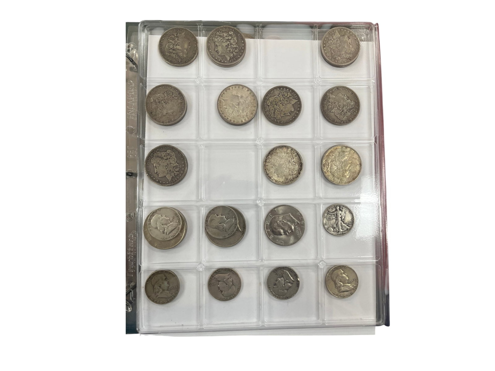 Estate Coin and Stamp Lot: Interesting Lot of Coins and some stamps. The coins Include 19 Morgan and Peace Dollars and one Eisenhower, (15) Silver Half Dollars, 30+ Silver Quarters,plus some silver dimes, Indian head nickels et