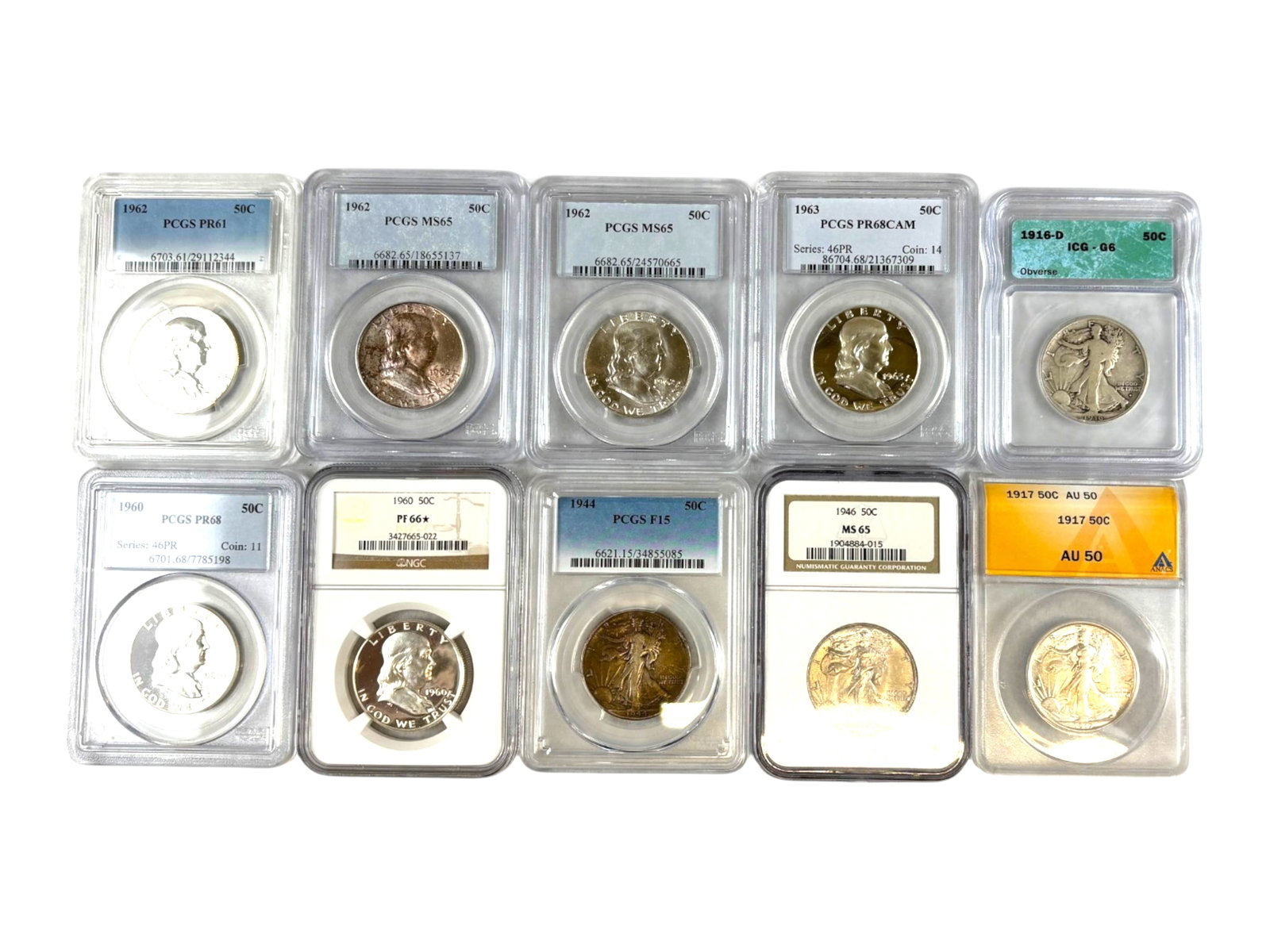 (10) Graded Half Dollars: 10 Graded Half Dollars, Franklin and Walking Liberty, 6 by PCGS, 2 by NGC, 1 by ANACS, and 1 by ICG. Mixed dates and grades. Shipping: Weiss Auctions offers full-service, in-house shipping for nearly